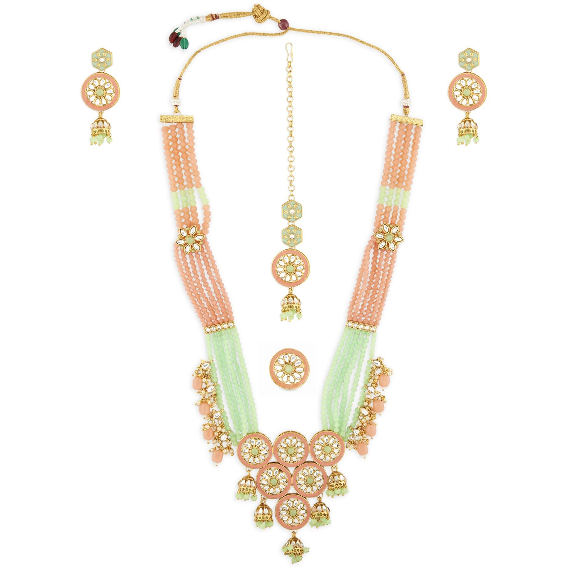 ZAVERI PEARLS Green & Peach Meenakari Multistrand Beaded Kundan Bridal Necklace Earring Maangtikka & Ring Set For Women-ZPFK13188