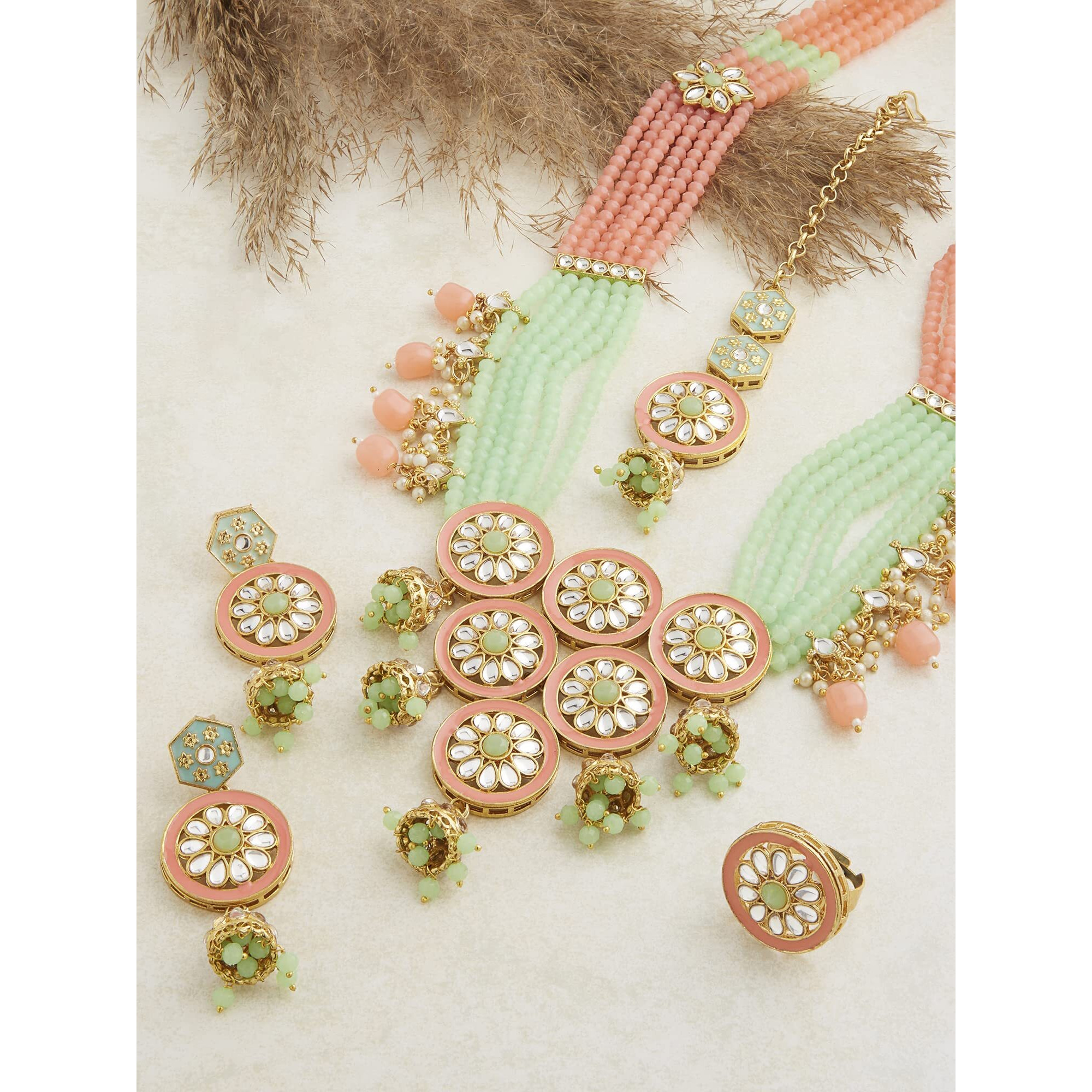 ZAVERI PEARLS Green & Peach Meenakari Multistrand Beaded Kundan Bridal Necklace Earring Maangtikka & Ring Set For Women-ZPFK13188
