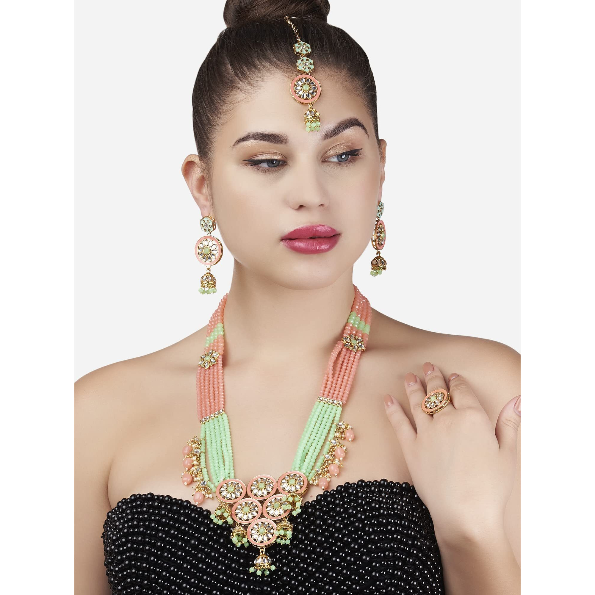 ZAVERI PEARLS Green & Peach Meenakari Multistrand Beaded Kundan Bridal Necklace Earring Maangtikka & Ring Set For Women-ZPFK13188