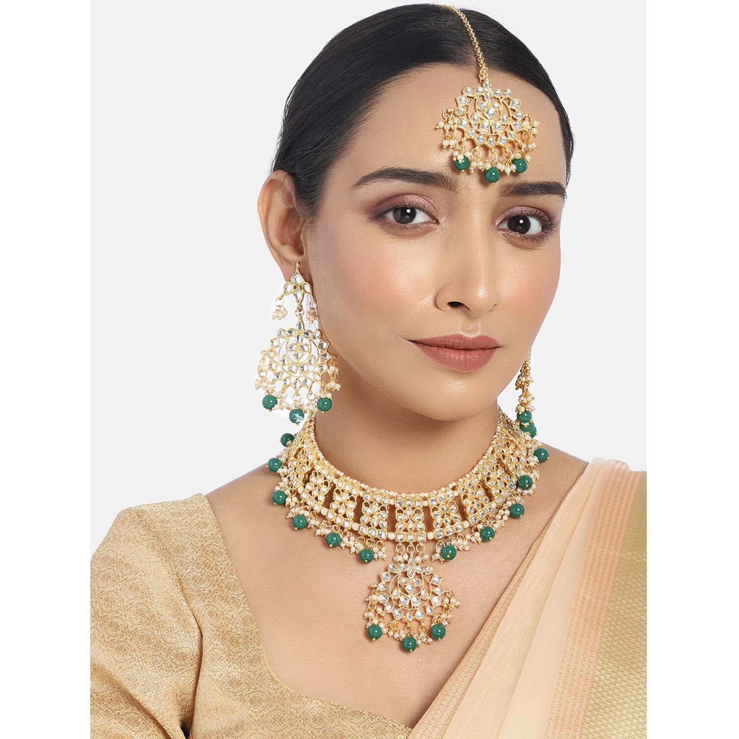 Peora Gold Plated Traditional Kundan Long Necklace Jewellery Set with Earring Maang Tikka for Women Girls (Green-1)