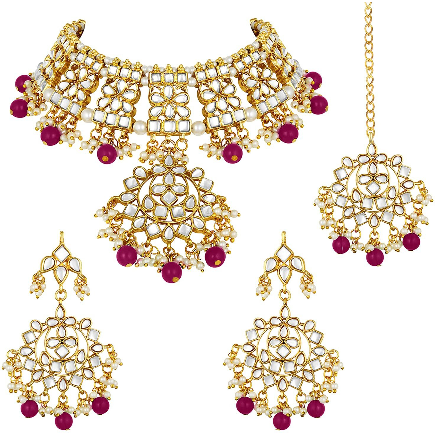 Peora Gold Plated Traditional Kundan Long Necklace Jewellery Set with Earring Maang Tikka for Women Girls (Rani Pink)