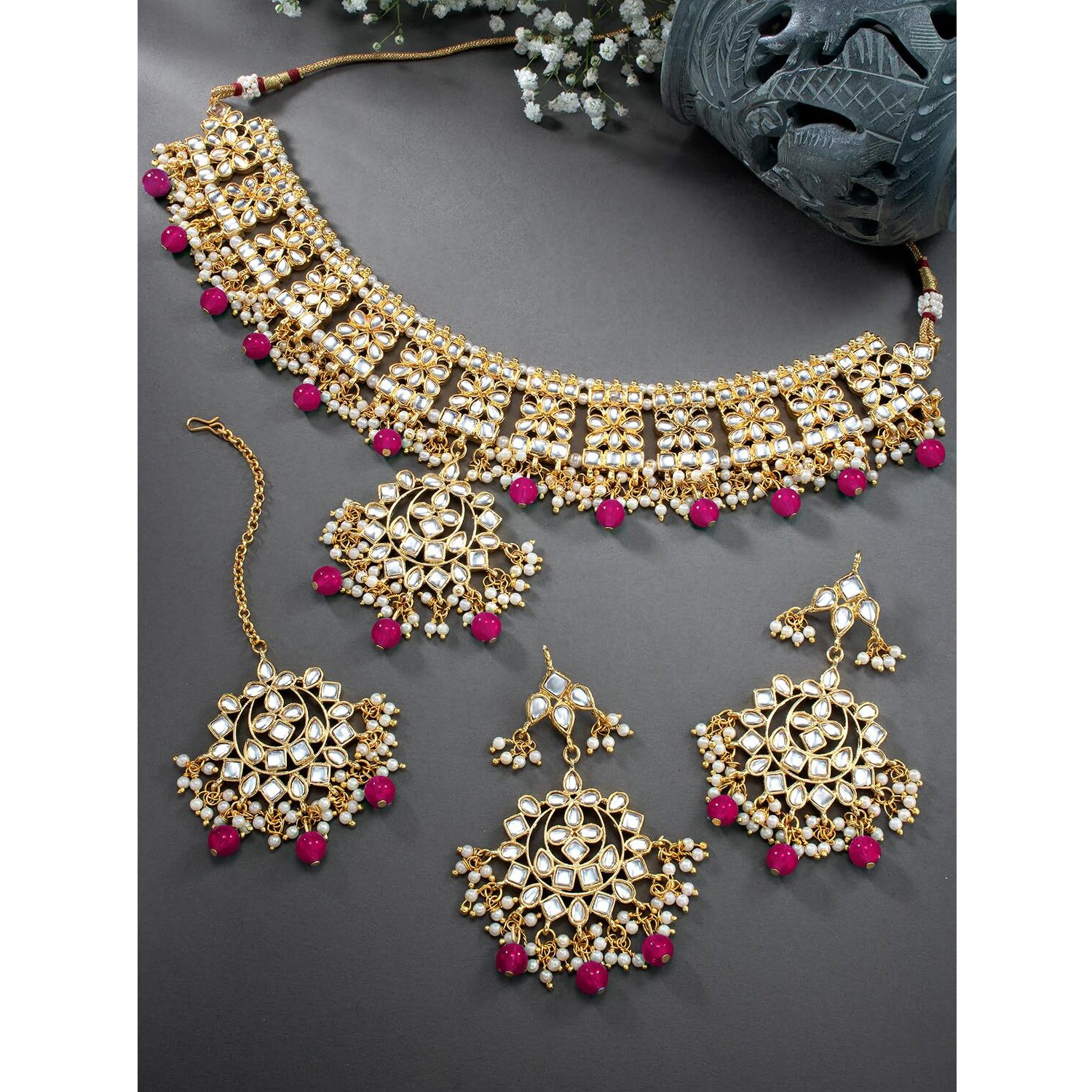 Peora Gold Plated Traditional Kundan Long Necklace Jewellery Set with Earring Maang Tikka for Women Girls (Rani Pink)