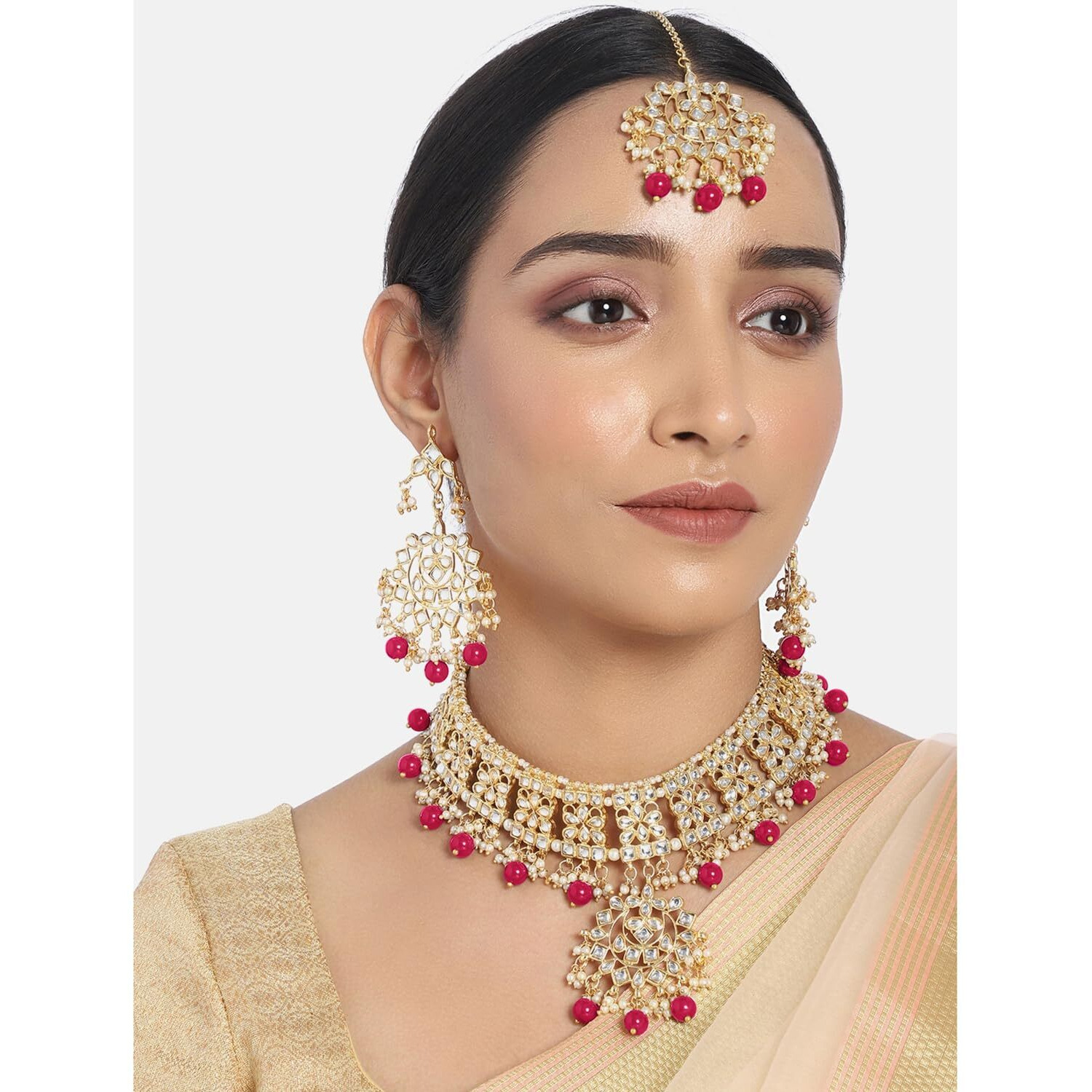 Peora Gold Plated Traditional Kundan Long Necklace Jewellery Set with Earring Maang Tikka for Women Girls (Rani Pink)