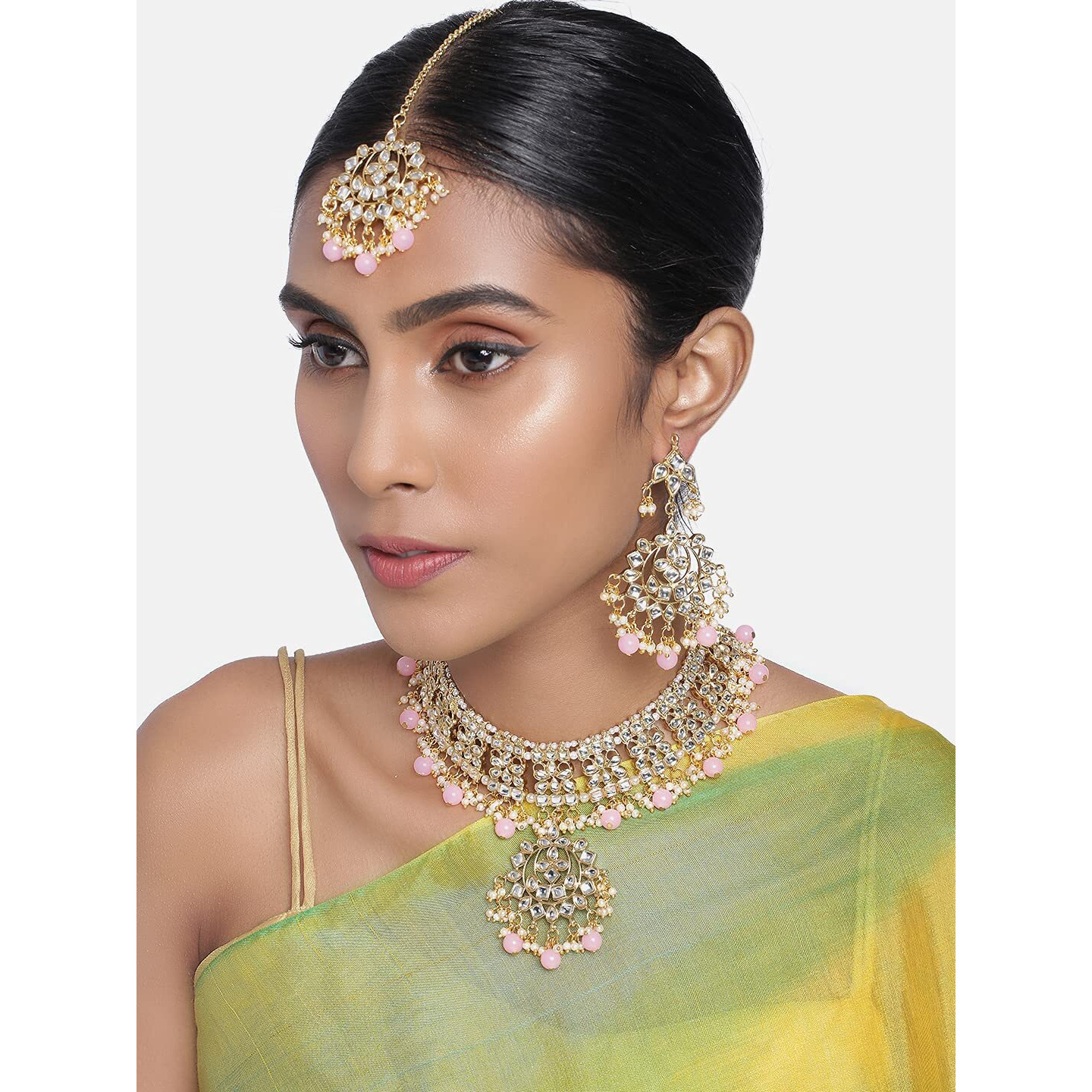 Peora Gold Plated Traditional Kundan Long Necklace Jewellery Set with Earring Maang Tikka for Women Girls (Pink)
