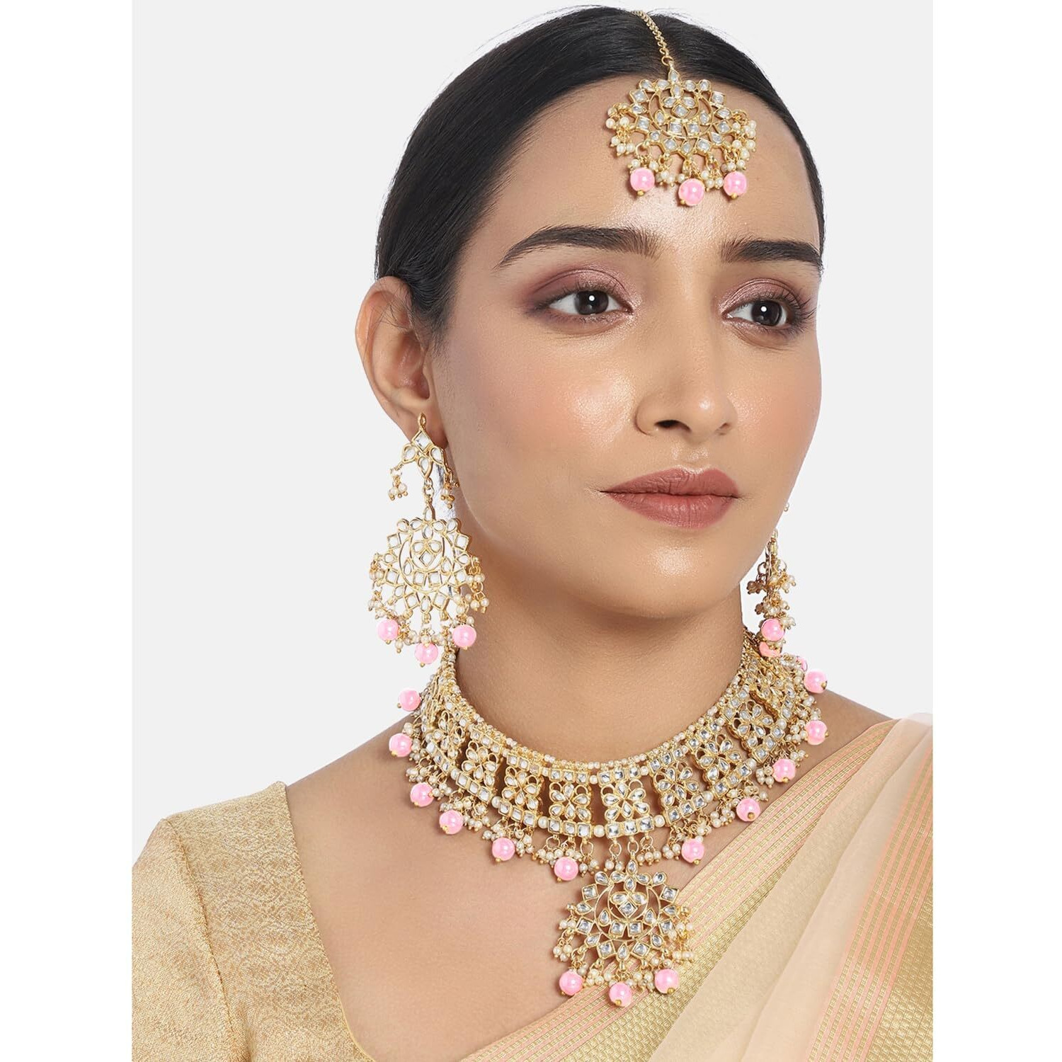 Peora Gold Plated Traditional Kundan Long Necklace Jewellery Set with Earring Maang Tikka for Women Girls (Pink)