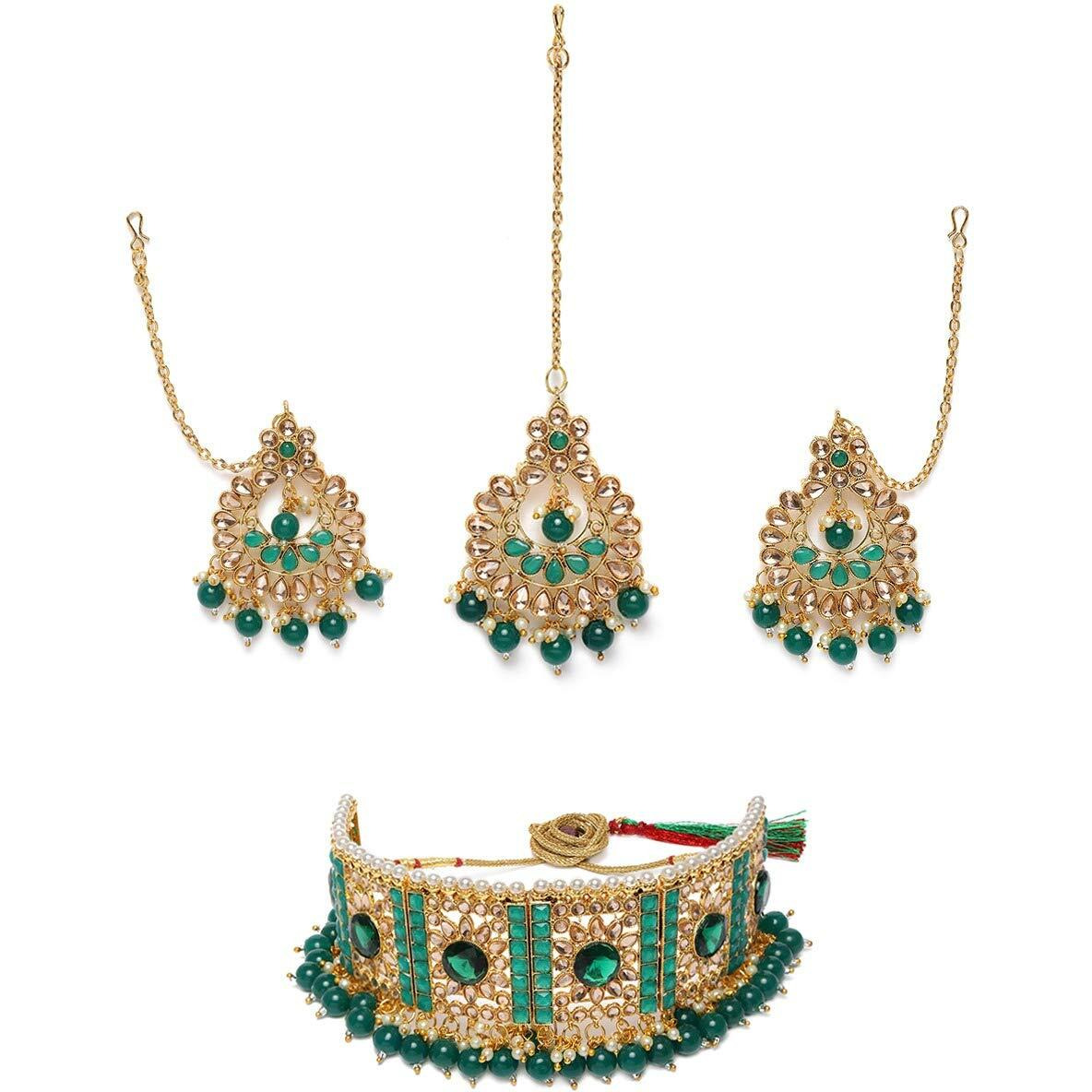ZAVERI PEARLS Green Stones & Beads Traditional Choker Necklace, Earring & Maangtikka Set For Women-ZPFK9919