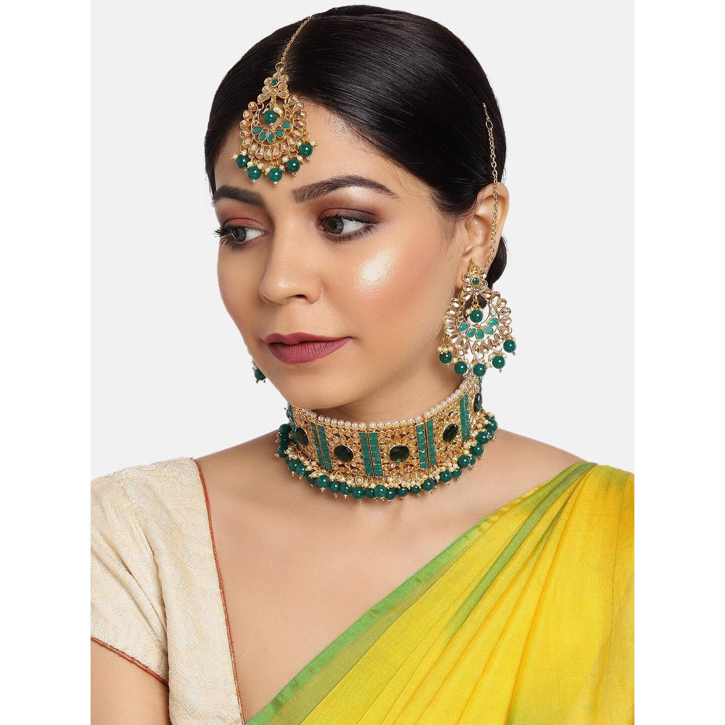 ZAVERI PEARLS Green Stones & Beads Traditional Choker Necklace, Earring & Maangtikka Set For Women-ZPFK9919