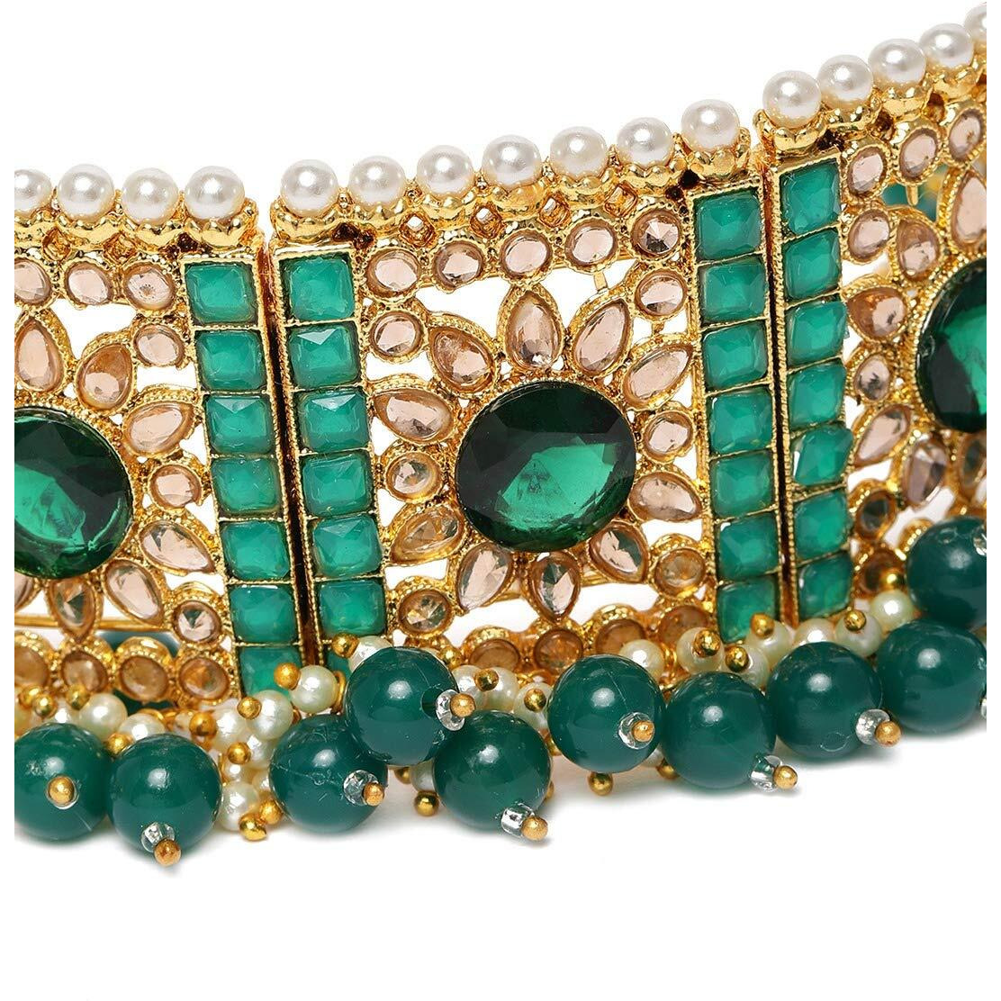 ZAVERI PEARLS Green Stones & Beads Traditional Choker Necklace, Earring & Maangtikka Set For Women-ZPFK9919