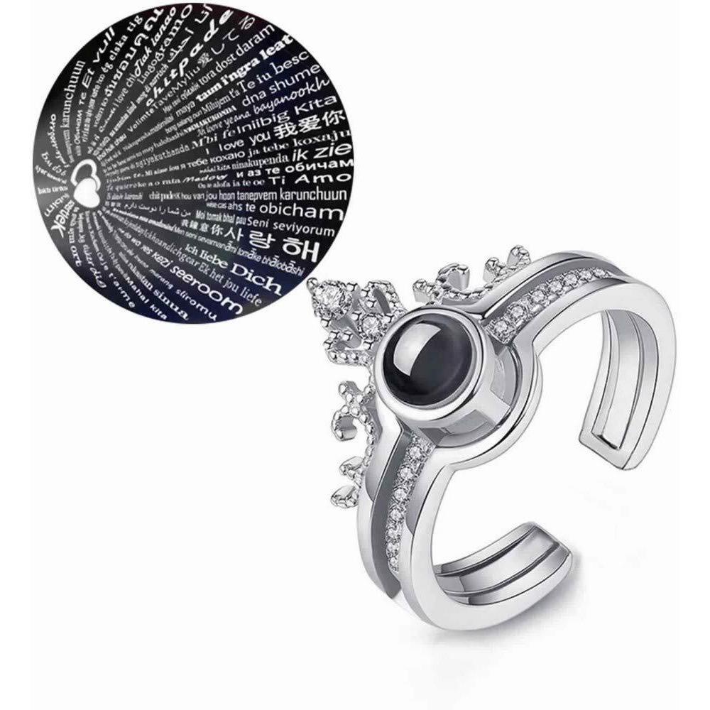 University Trendz I Love You 100 Language Crown Ring and Heart Pendant for Girls & Women (Silver)