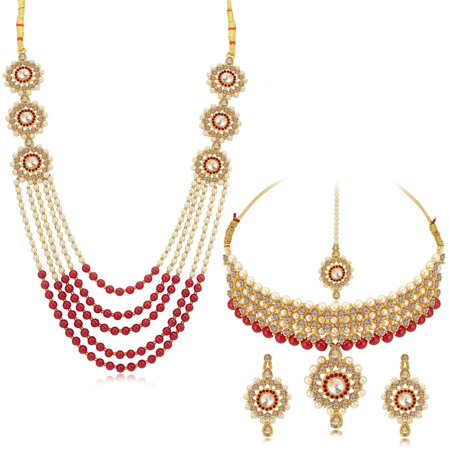 Sukkhi Lavish Gold Plated Combo Necklace Set For Women (CBNS100571), Red, Free Size