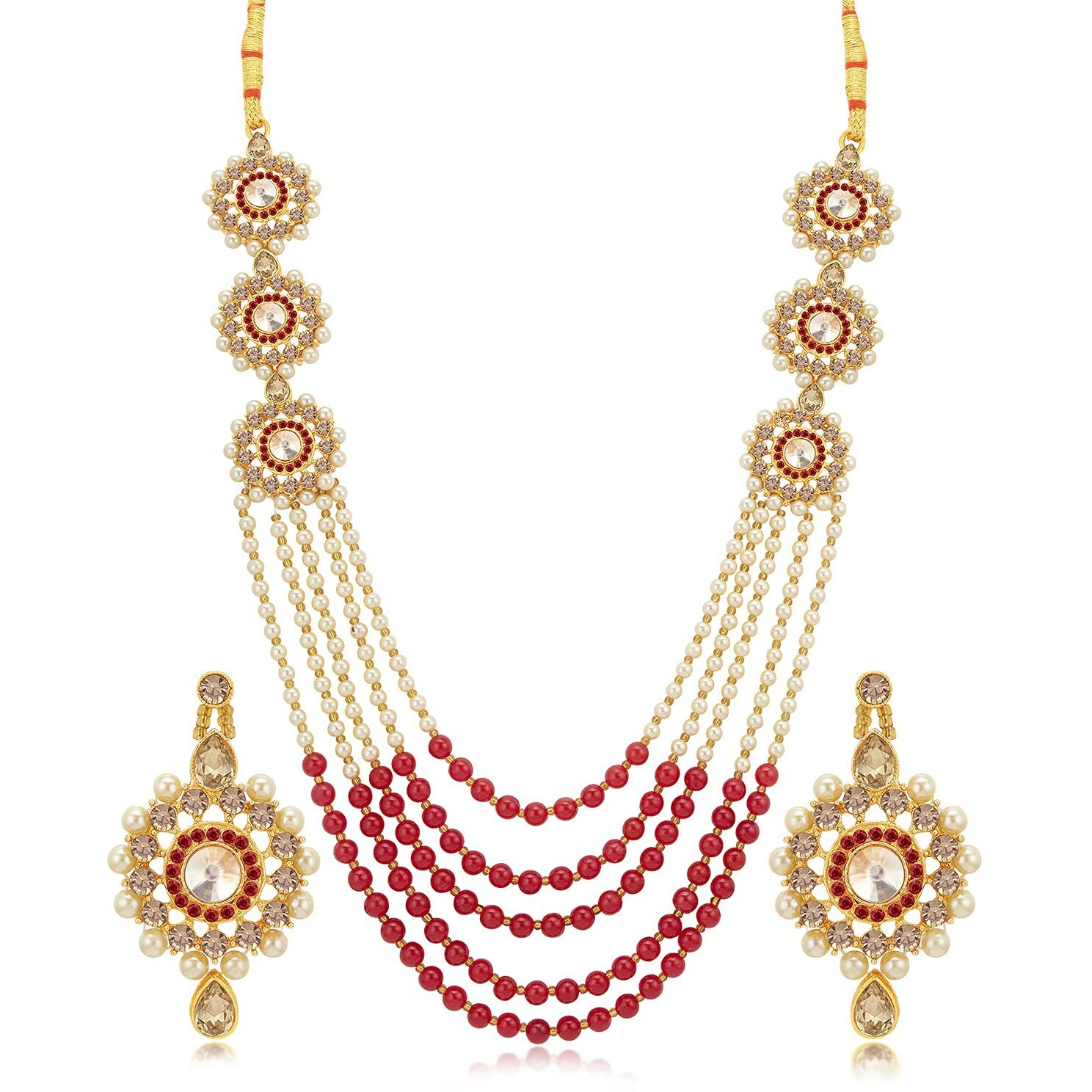 Sukkhi Lavish Gold Plated Combo Necklace Set For Women (CBNS100571), Red, Free Size