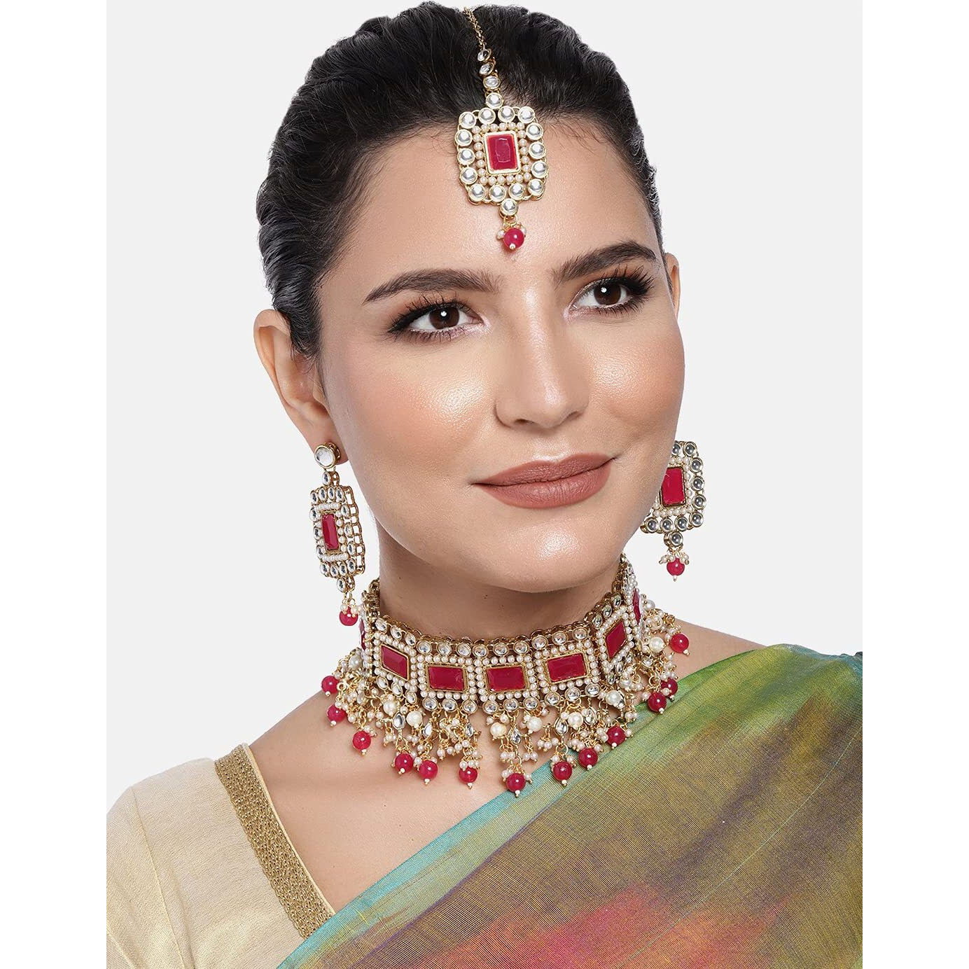 Peora Gold Plated Kundan Rani Pink Crystal Choker Necklace Traditional Jewellery Set for Women