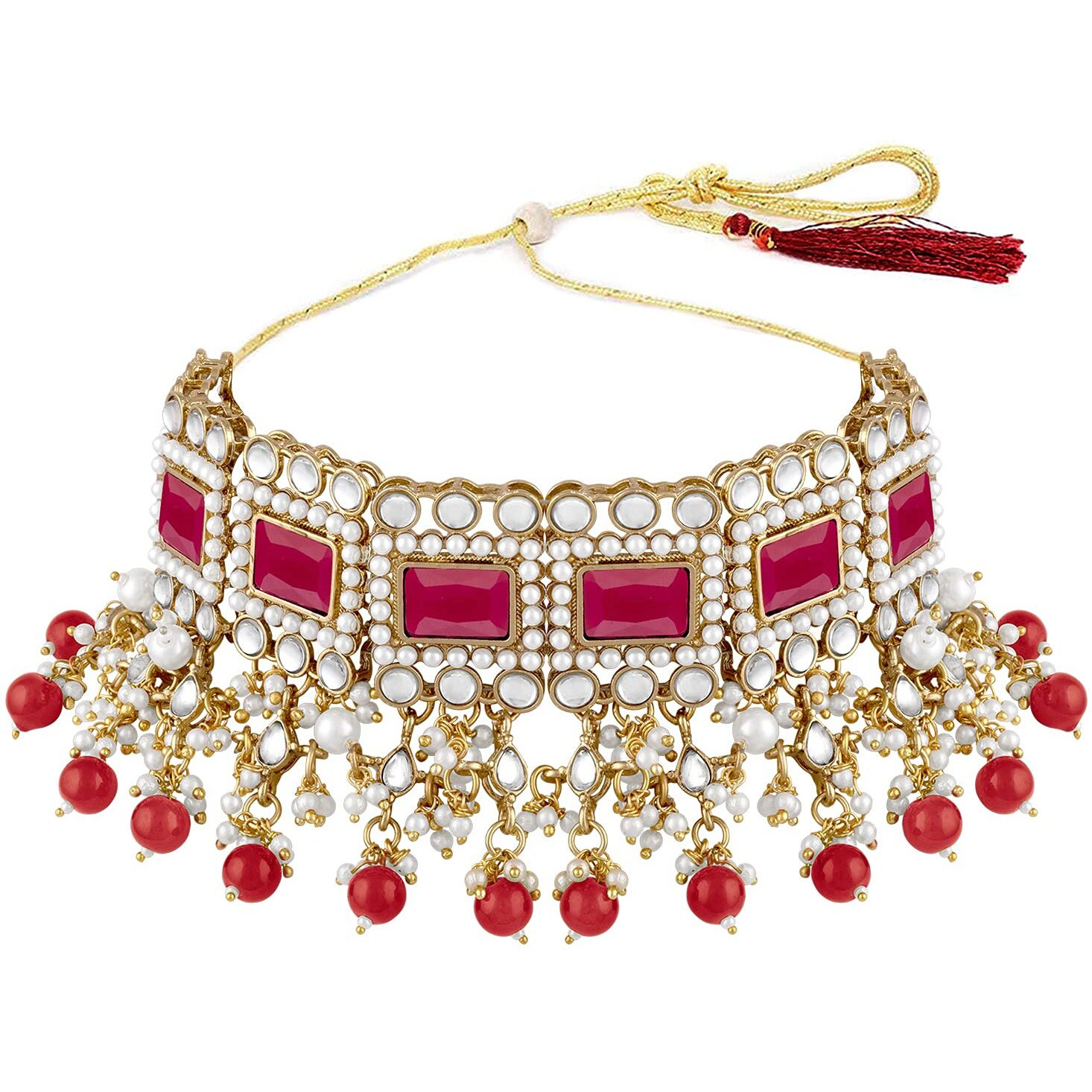 Peora Gold Plated Kundan Rani Pink Crystal Choker Necklace Traditional Jewellery Set for Women