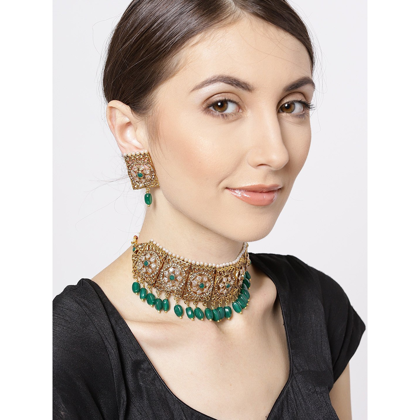 Priyaasi Studded Green Stone Jewellery Set for Women | Wedding Kundan Choker | Gold-Plated | Traditional Jewellery Set for Women & Girls