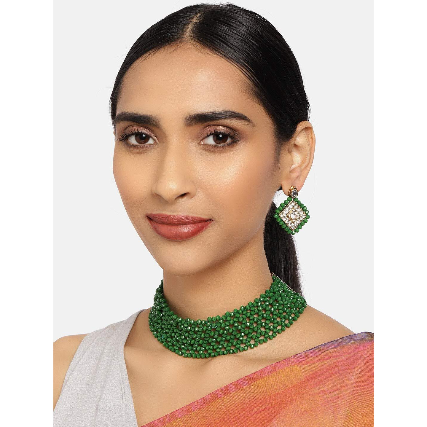 ZAVERI PEARLS Green Crystal Shine Beaded Ethnic Necklace & Earring Set For Women-ZPFK9954