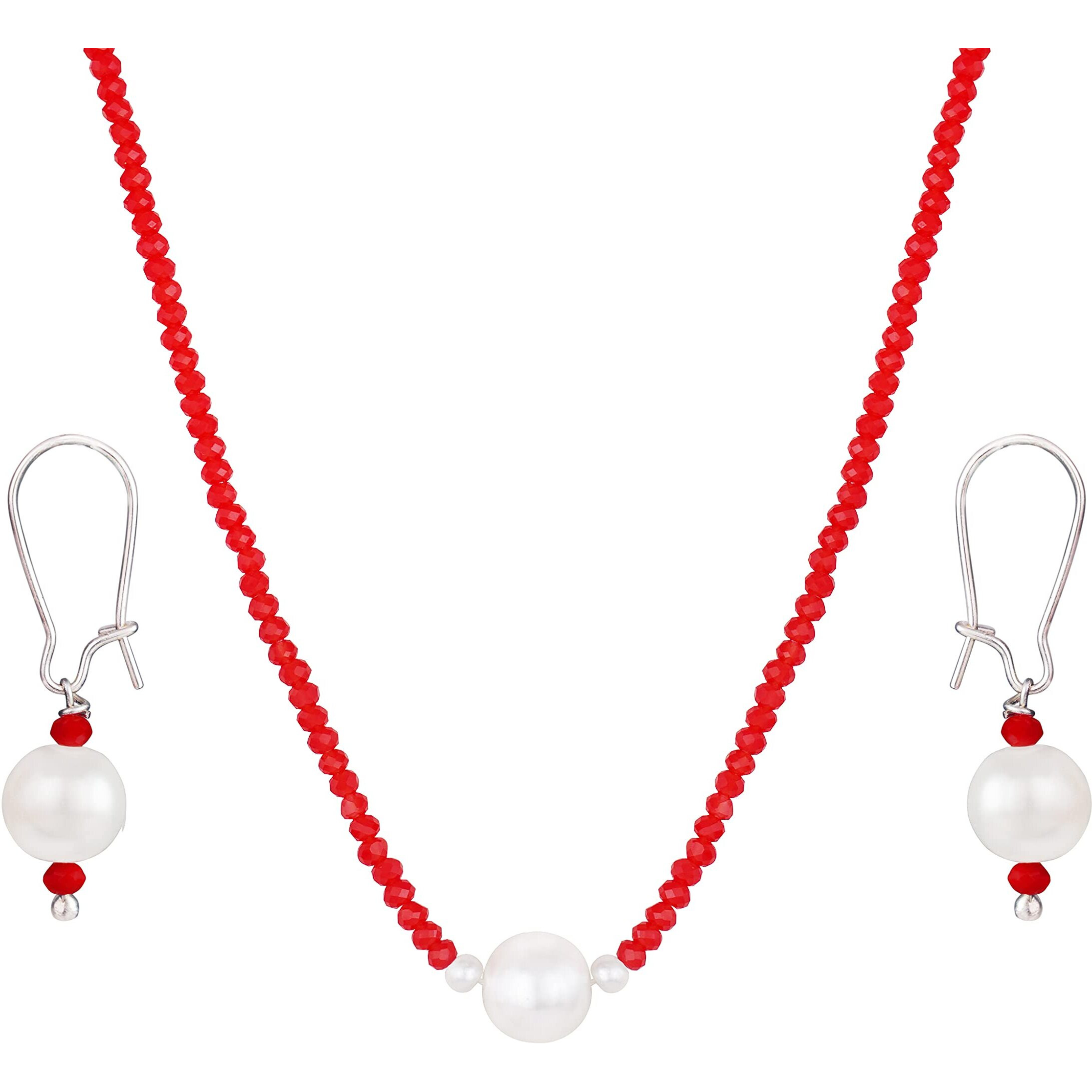 JFL - Jewellery for Less Modern Fusion Mangalsutra with Pearl & Onyx Crystal Chain and Earring for Women (Red),Valentine
