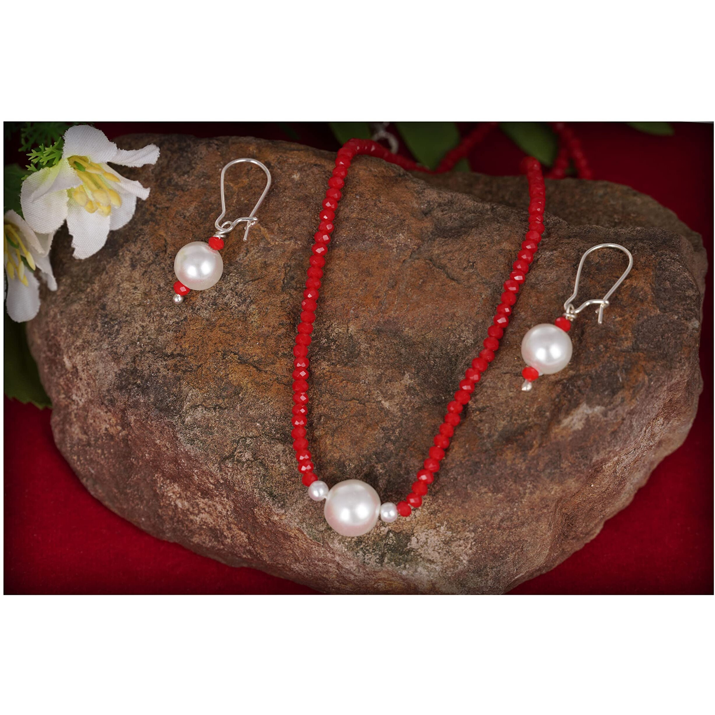 JFL - Jewellery for Less Modern Fusion Mangalsutra with Pearl & Onyx Crystal Chain and Earring for Women (Red),Valentine