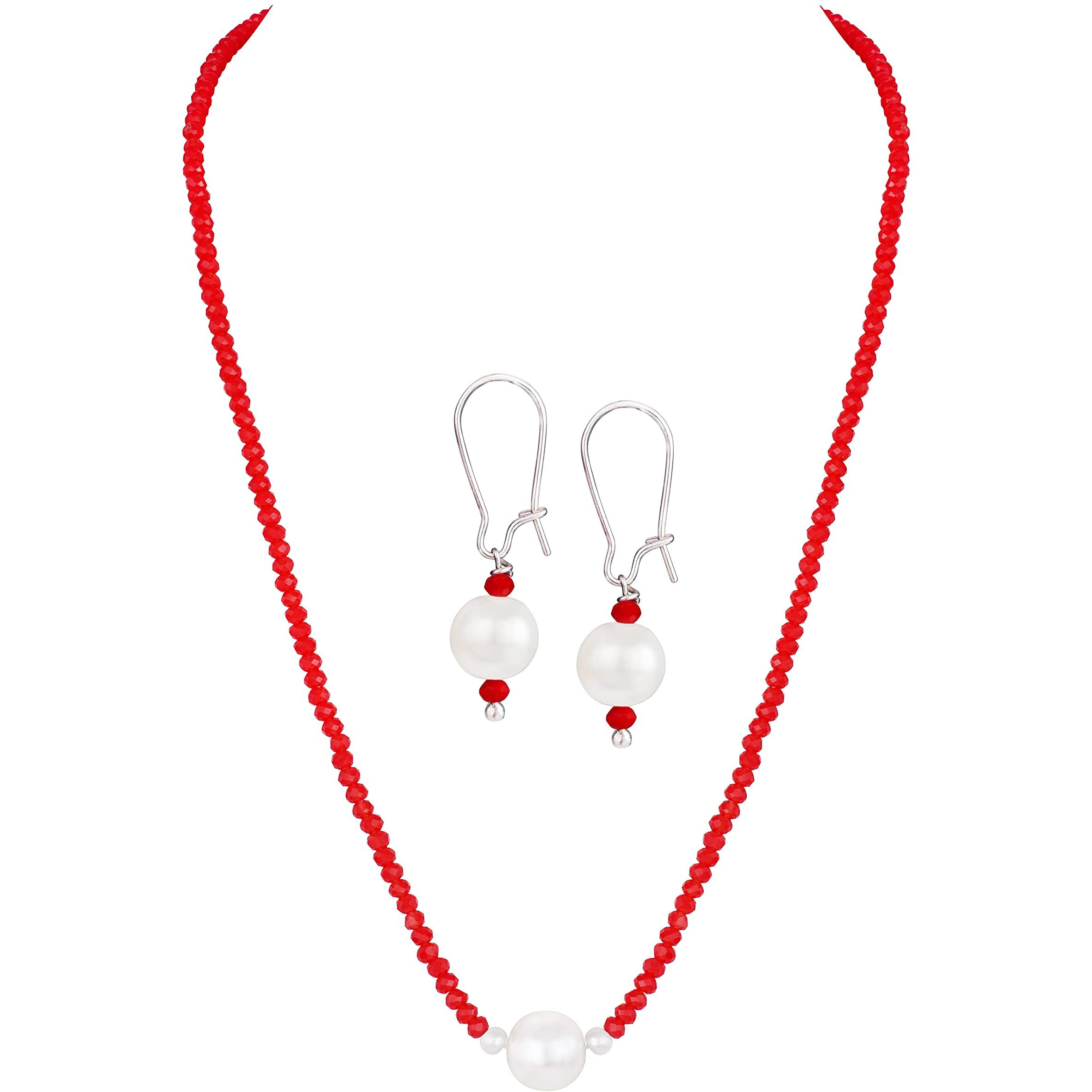JFL - Jewellery for Less Modern Fusion Mangalsutra with Pearl & Onyx Crystal Chain and Earring for Women (Red),Valentine