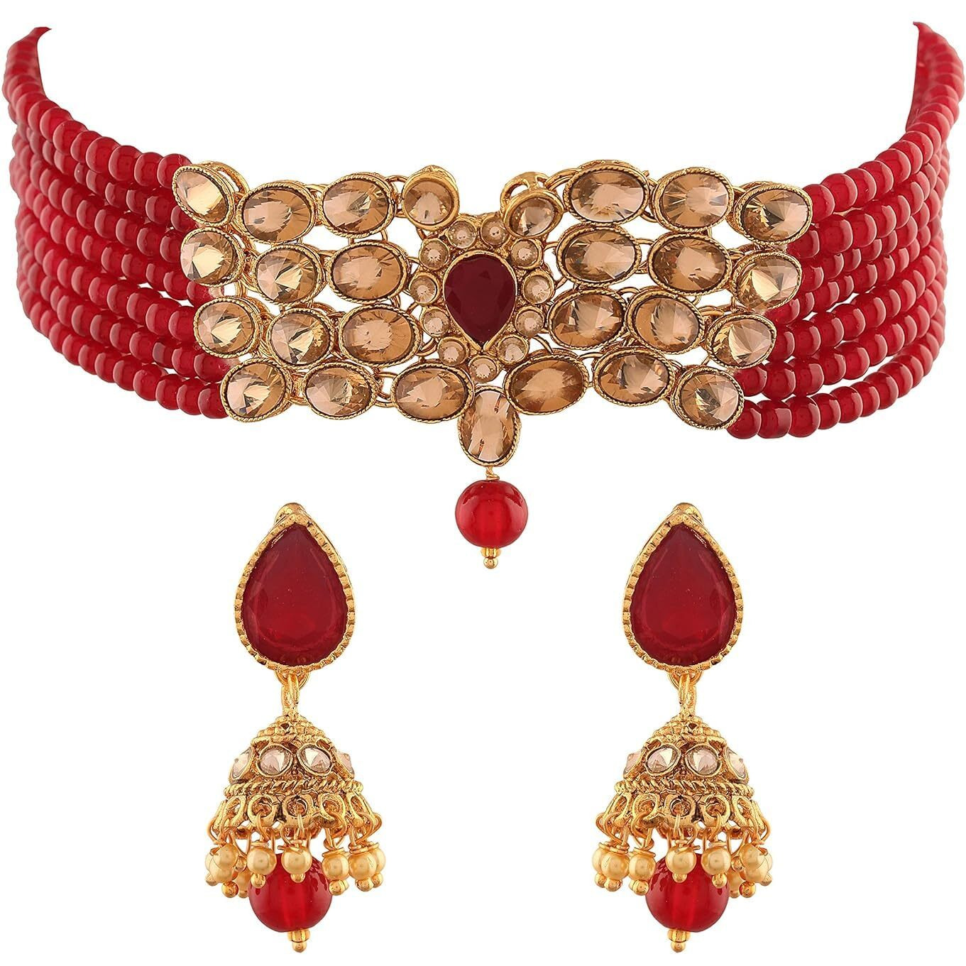 Peora Gold-plated Brass and Pearl Choker Necklace With Earring for Women & Girls (Maroon_78 gm)