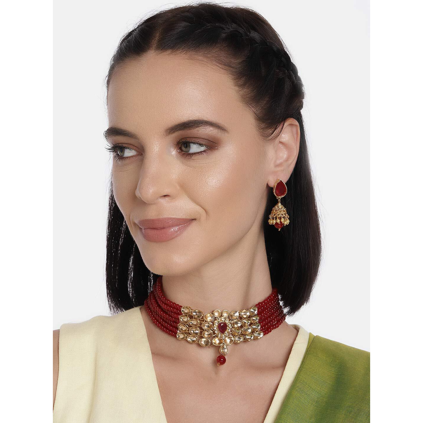 Peora Gold-plated Brass and Pearl Choker Necklace With Earring for Women & Girls (Maroon_78 gm)