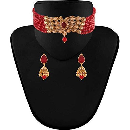 Peora Gold-plated Brass and Pearl Choker Necklace With Earring for Women & Girls (Maroon_78 gm)