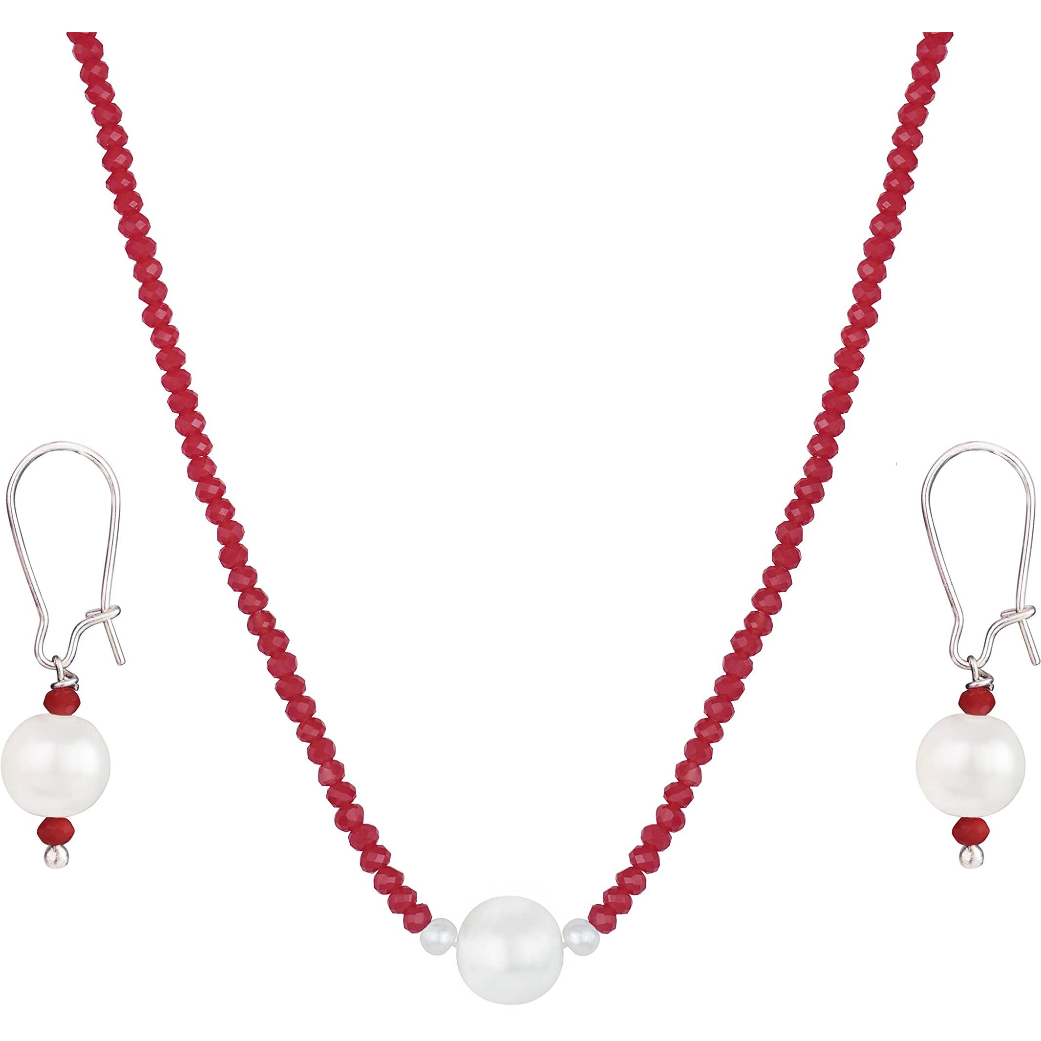 JFL - Jewellery for Less Modern Fusion Mangalsutra with Pearl & Onyx Crystal Chain and Earring for Women (Maroon),Valentine