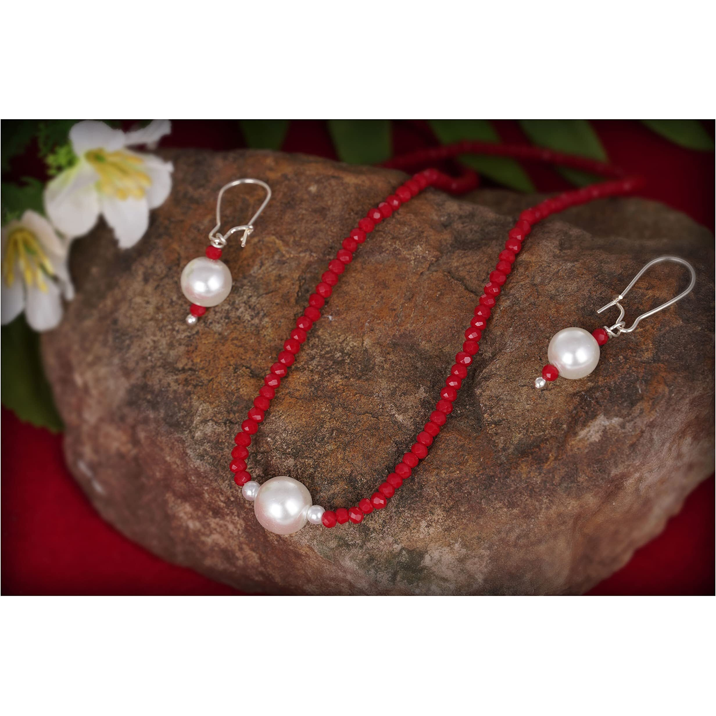 JFL - Jewellery for Less Modern Fusion Mangalsutra with Pearl & Onyx Crystal Chain and Earring for Women (Maroon),Valentine