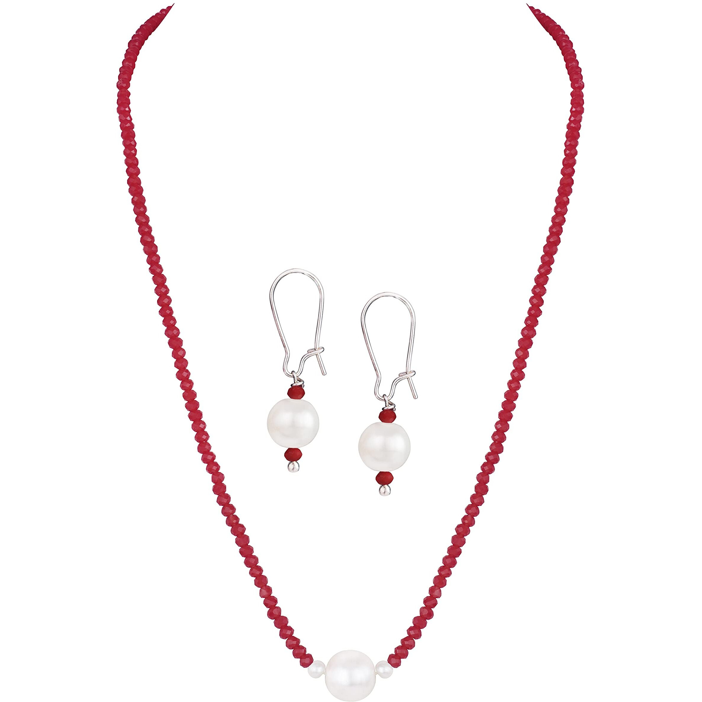 JFL - Jewellery for Less Modern Fusion Mangalsutra with Pearl & Onyx Crystal Chain and Earring for Women (Maroon),Valentine