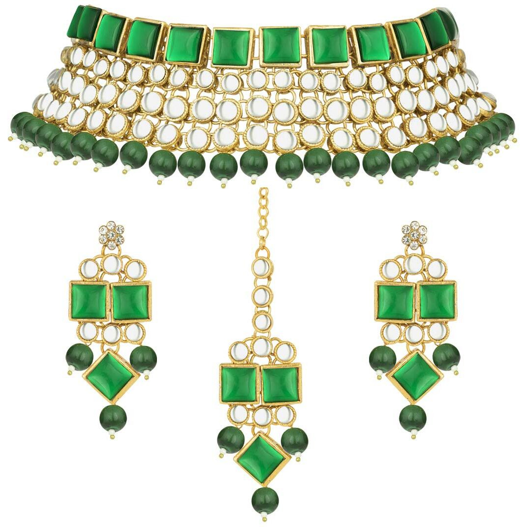 Peora Indian Bridal Dulhan Crystal Kundan Choker Necklace Traditional Jewellery Set with Maang Tikka Earrings for Women