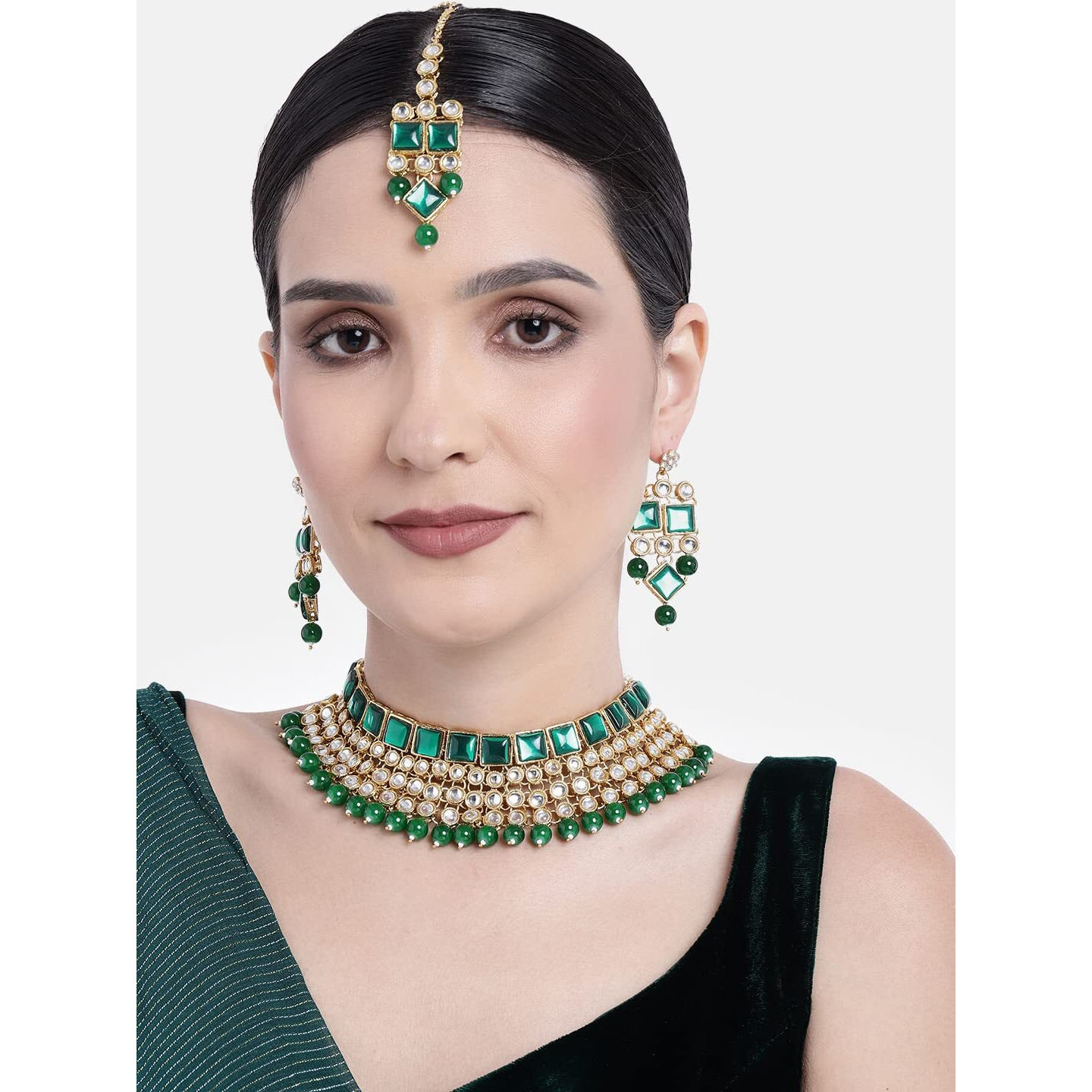 Peora Indian Bridal Dulhan Crystal Kundan Choker Necklace Traditional Jewellery Set with Maang Tikka Earrings for Women