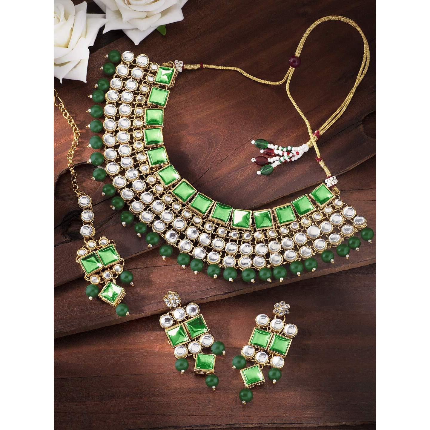 Peora Indian Bridal Dulhan Crystal Kundan Choker Necklace Traditional Jewellery Set with Maang Tikka Earrings for Women