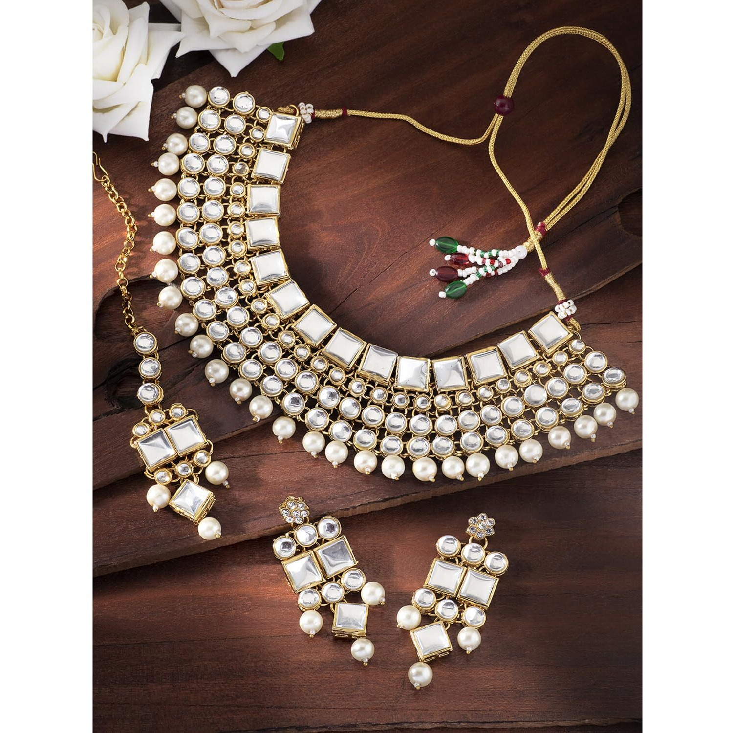 Peora Indian Bridal Dulhan Crystal Kundan Choker Necklace Traditional Jewellery Set with Maang Tikka Earrings for Women