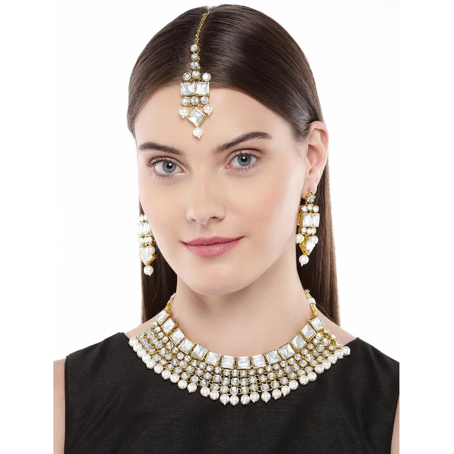 Peora Indian Bridal Dulhan Crystal Kundan Choker Necklace Traditional Jewellery Set with Maang Tikka Earrings for Women