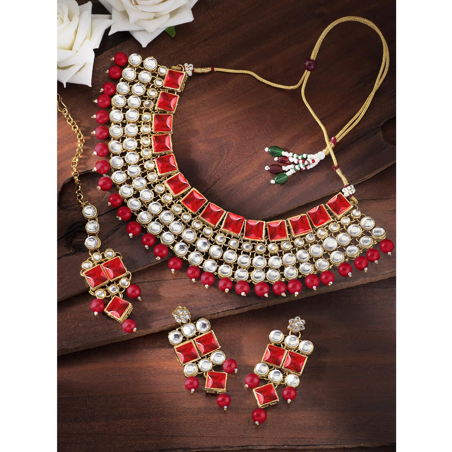 Peora Indian Bridal Dulhan Crystal Kundan Choker Necklace Traditional Jewellery Set with Maang Tikka Earrings for Women