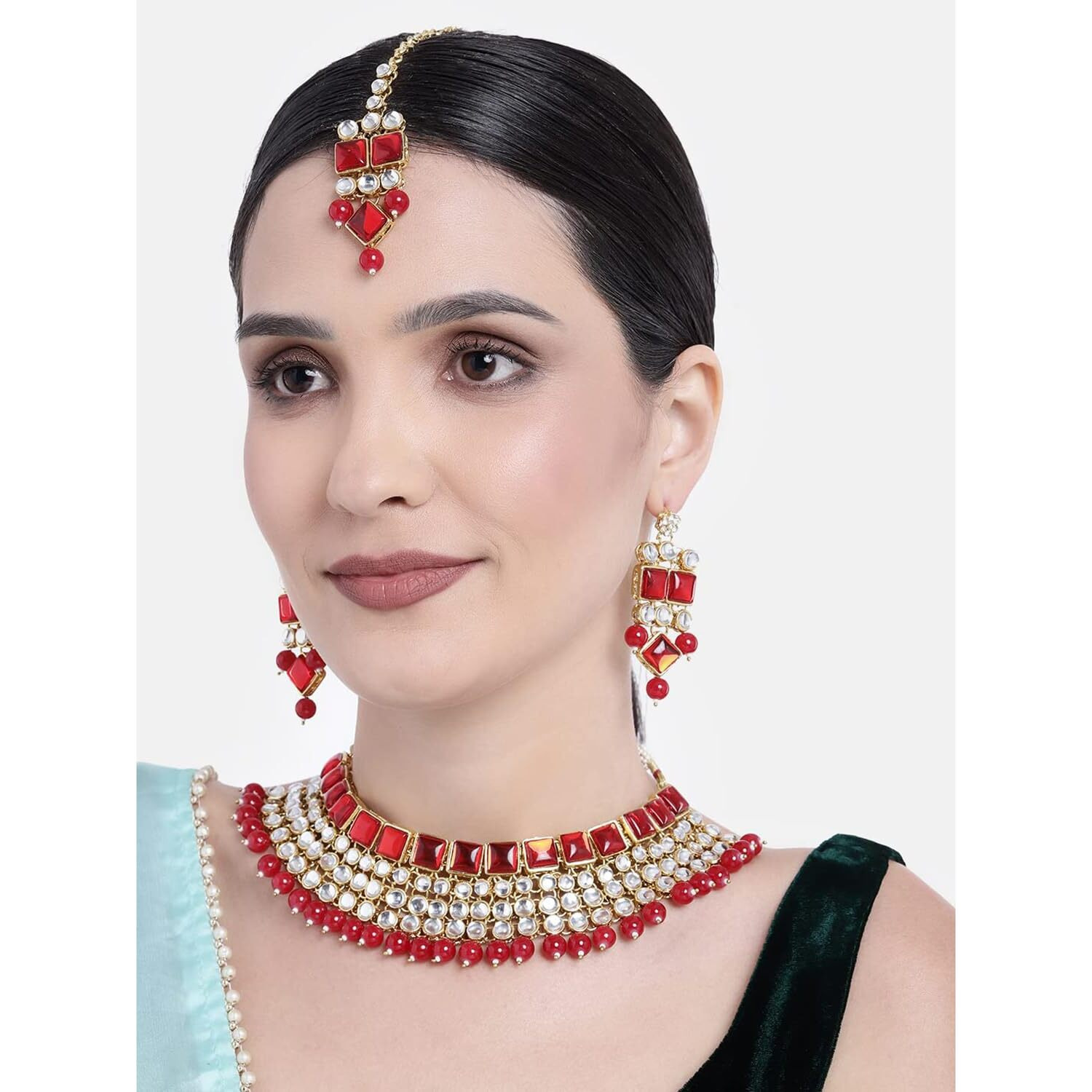Peora Indian Bridal Dulhan Crystal Kundan Choker Necklace Traditional Jewellery Set with Maang Tikka Earrings for Women