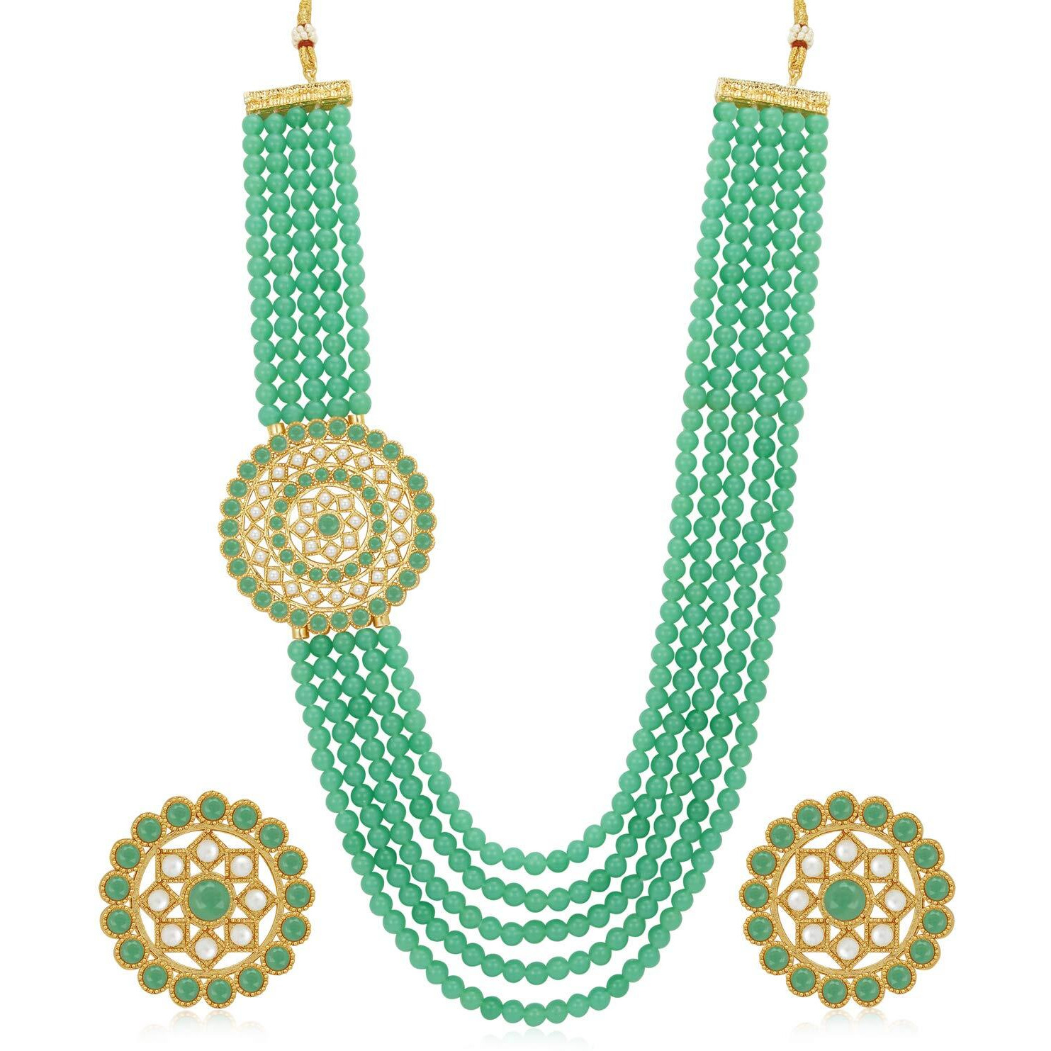 Sukkhi Splendid Gold Plated Mint Green Pearl Long Haram Necklace Set for Women (SKR70463), free size