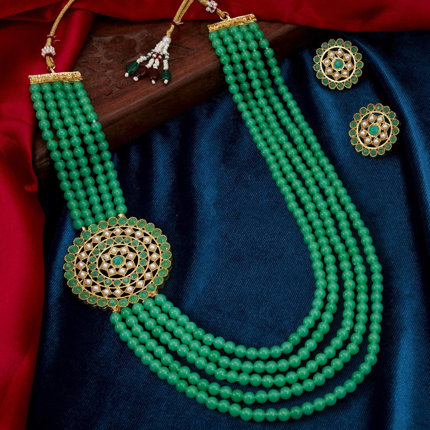Sukkhi Splendid Gold Plated Mint Green Pearl Long Haram Necklace Set for Women (SKR70463), free size
