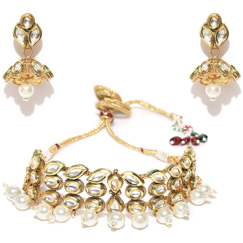 Priyaasis Gold Brass Elegant Kundan Pearl Choker Set for Women