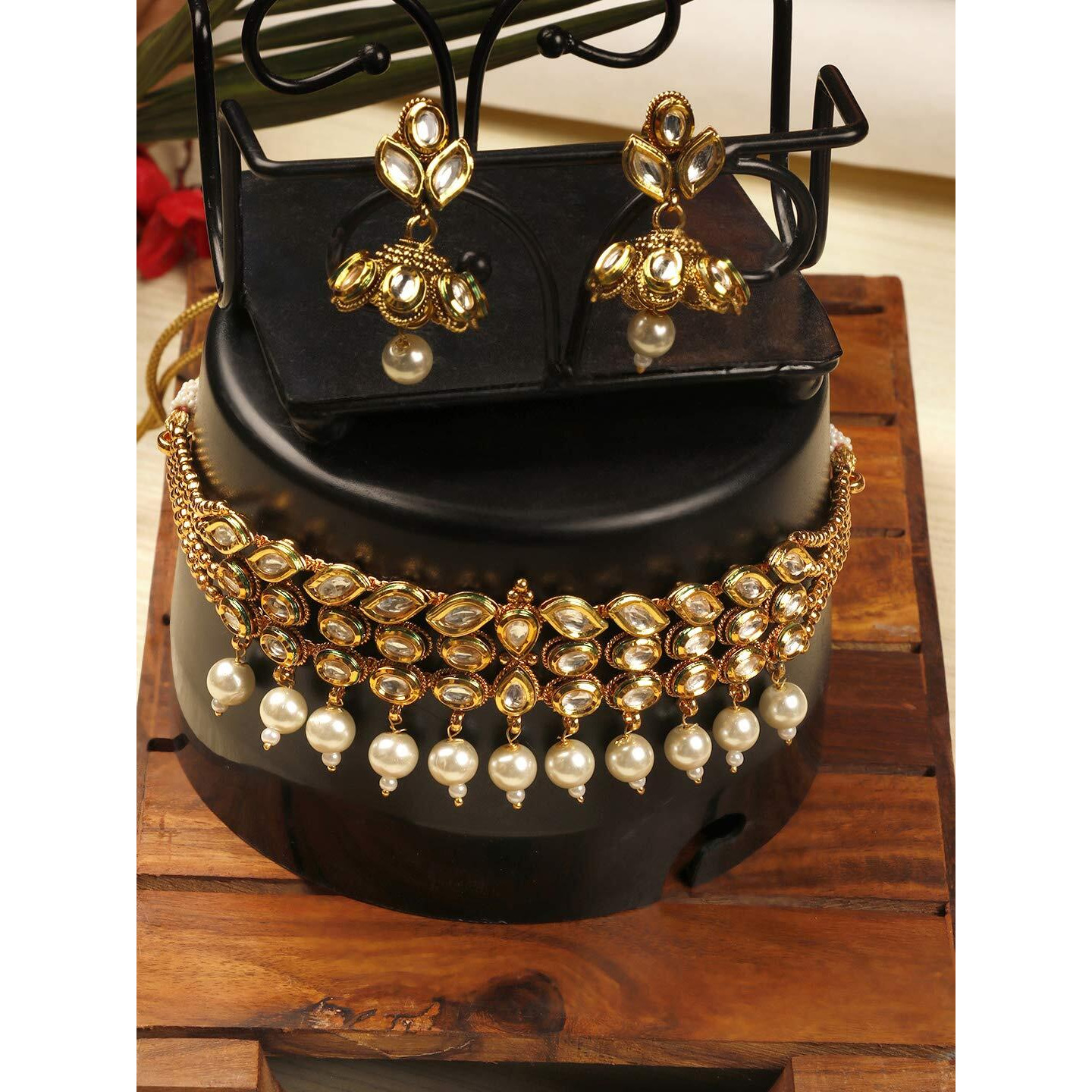 Priyaasis Gold Brass Elegant Kundan Pearl Choker Set for Women