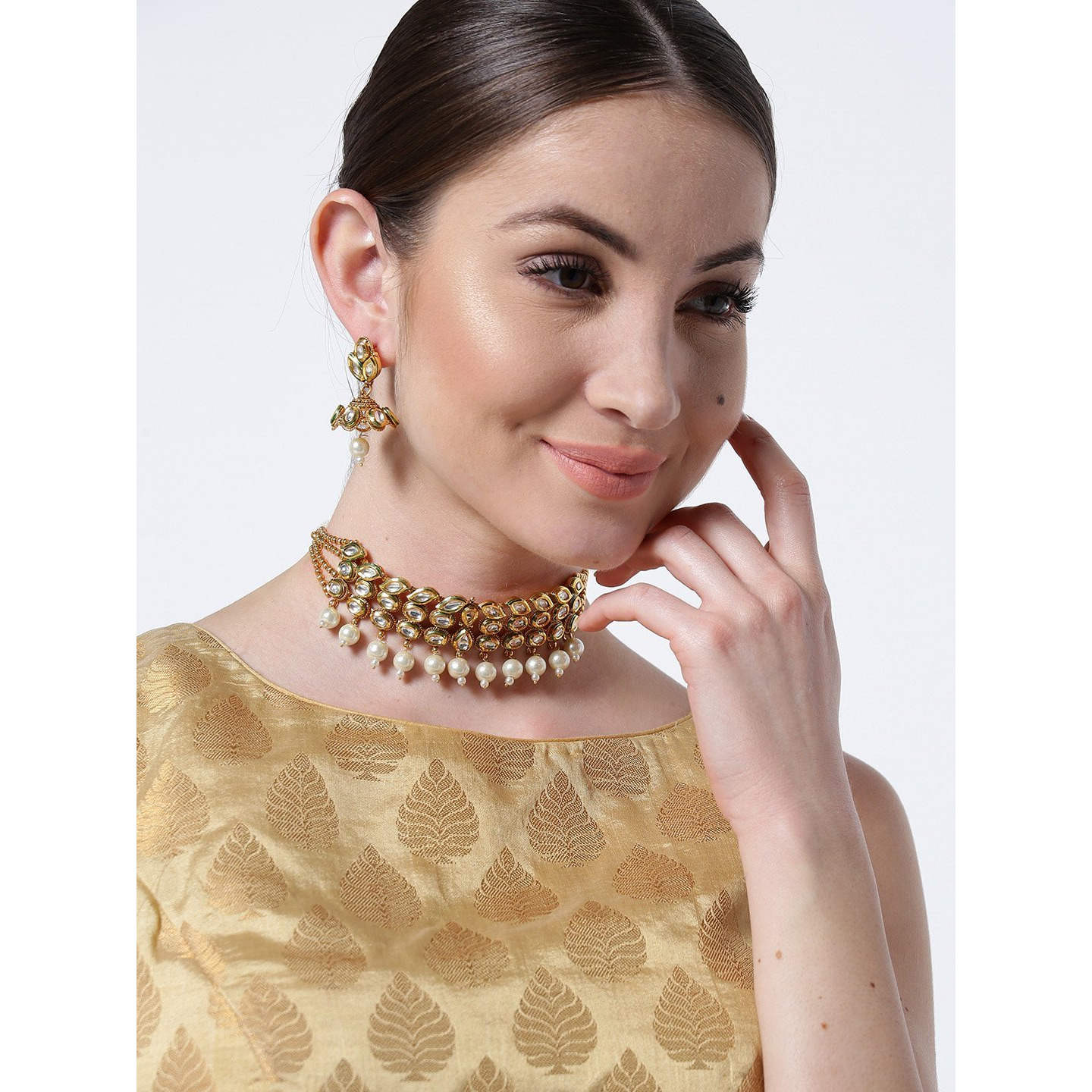 Priyaasis Gold Brass Elegant Kundan Pearl Choker Set for Women