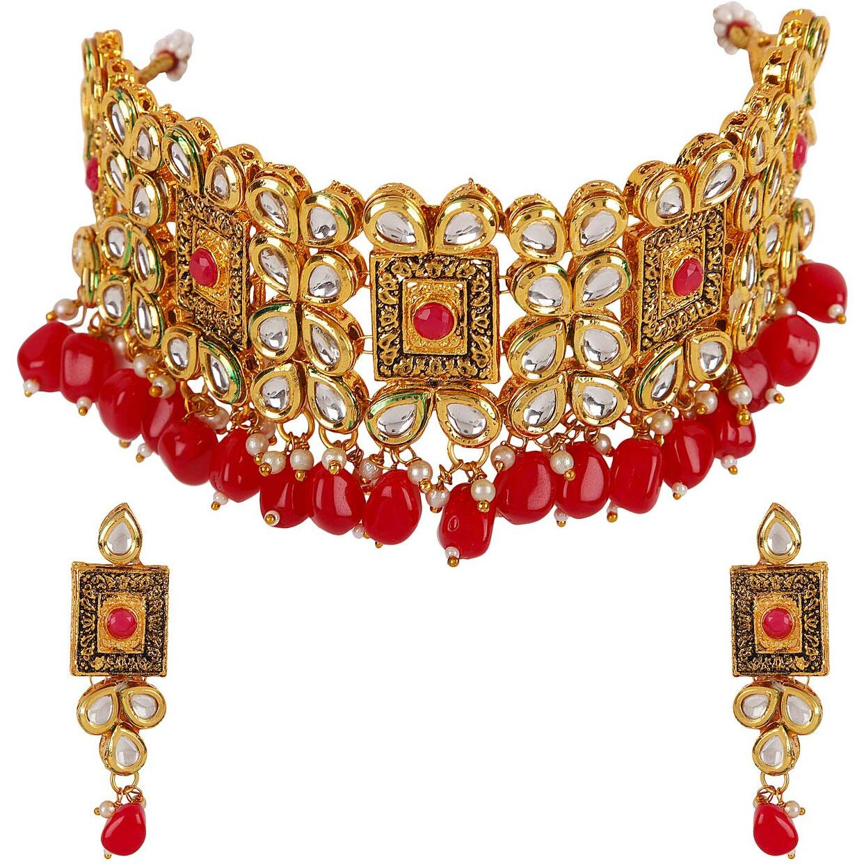 Shining Diva Fashion Latest Choker Design Bridal Traditional Kundan Necklace Jewellery Set for Women (Red) (sd11303s)