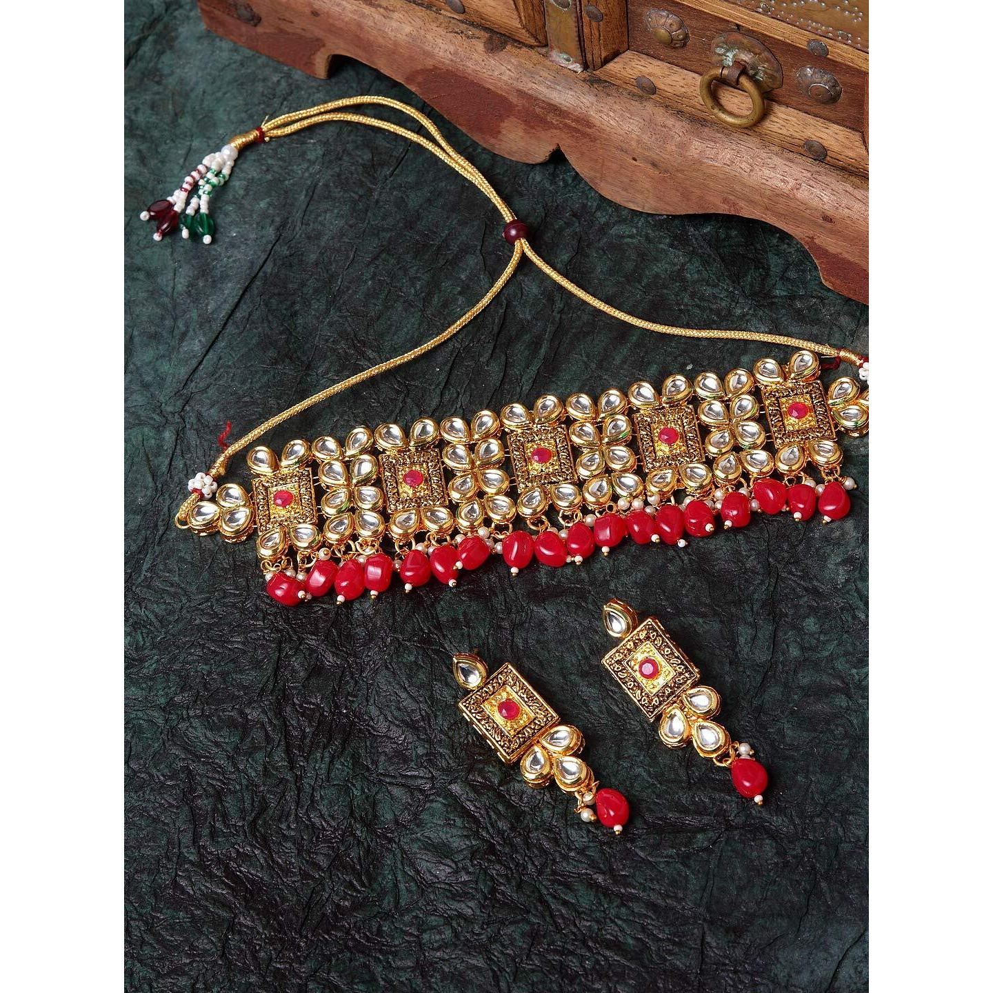 Shining Diva Fashion Latest Choker Design Bridal Traditional Kundan Necklace Jewellery Set for Women (Red) (sd11303s)
