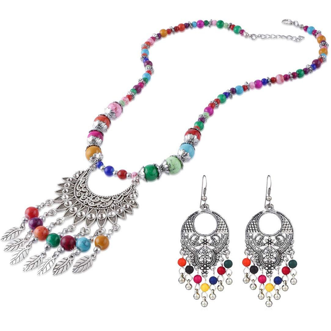 Yellow Chimes Multicolor Beads Statement Antique Necklace with Earrings Oxidised Jewellery Sets for Women and Girls