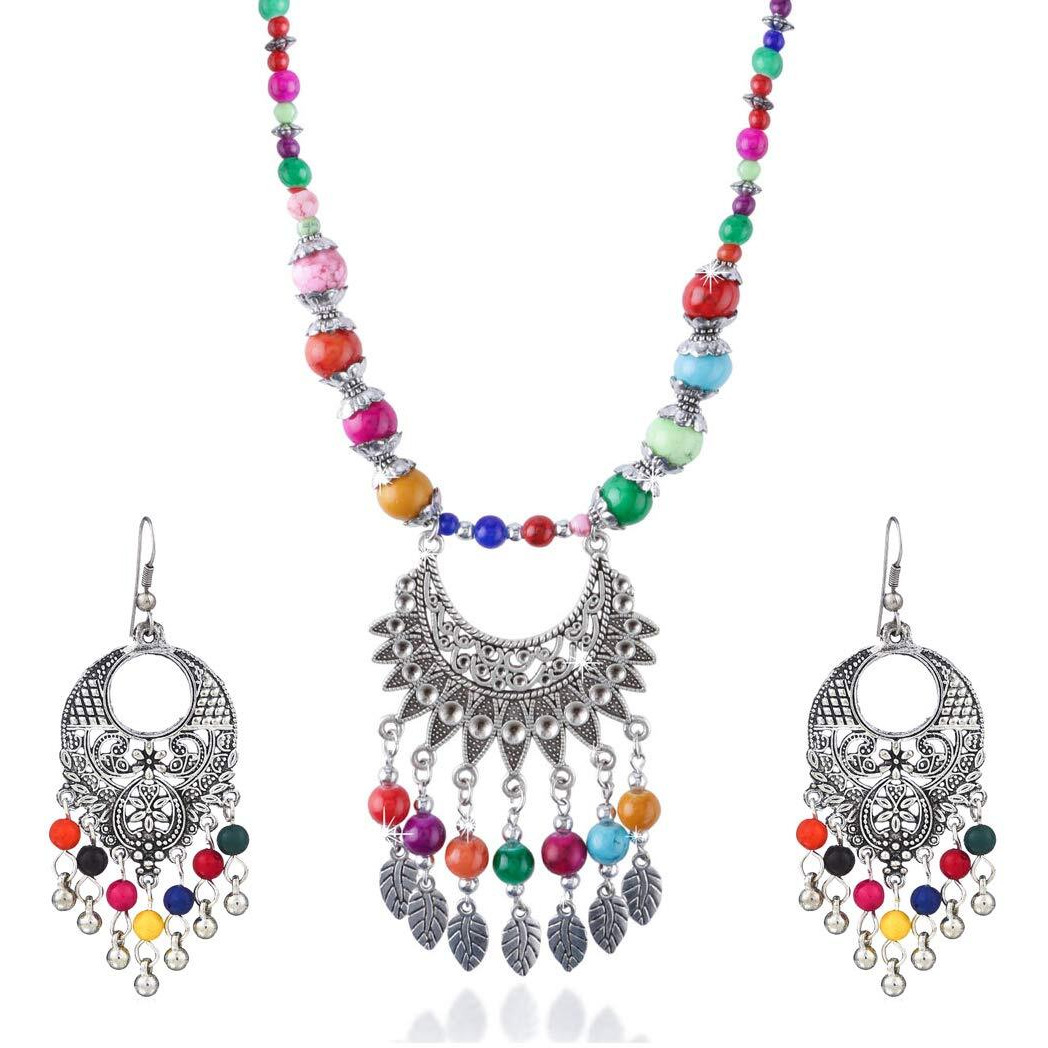 Yellow Chimes Multicolor Beads Statement Antique Necklace with Earrings Oxidised Jewellery Sets for Women and Girls