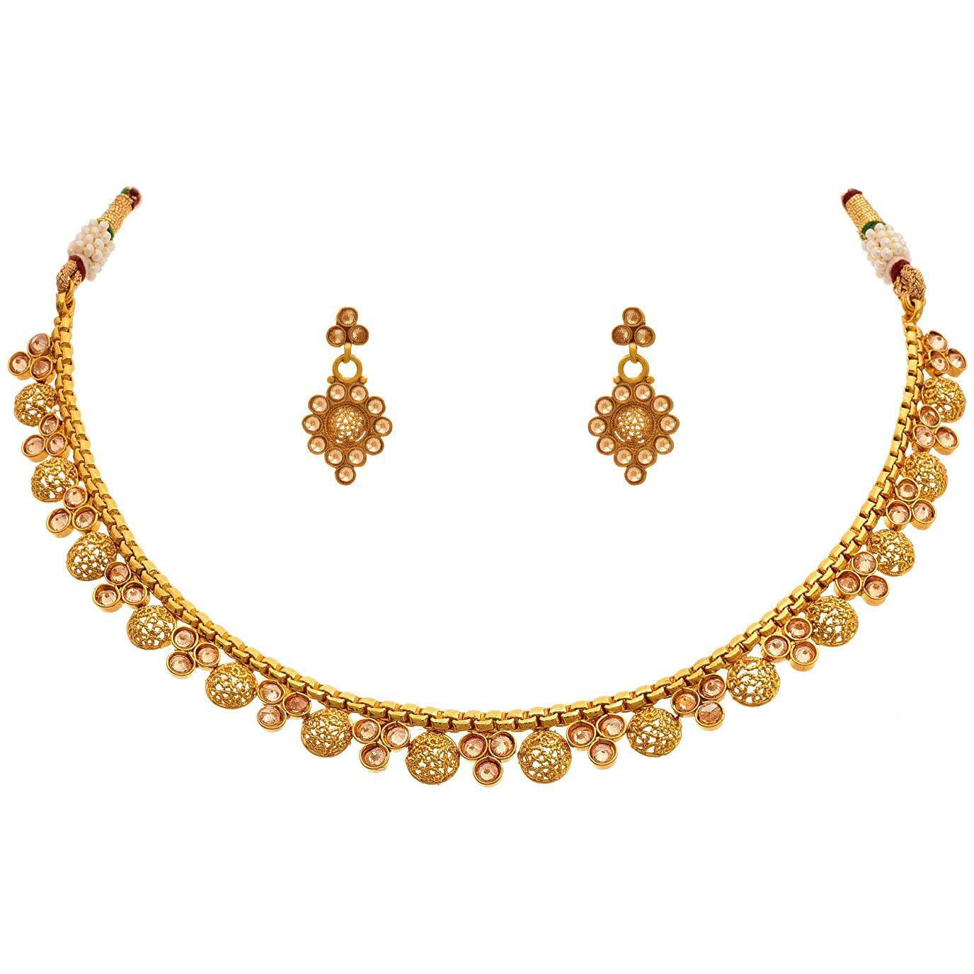 JFL - Jewellery for Less Traditional Ethnic One Gram Gold Plated Polki Diamond Designer Necklace Set with Earrings for Women & Girls.,Valentine