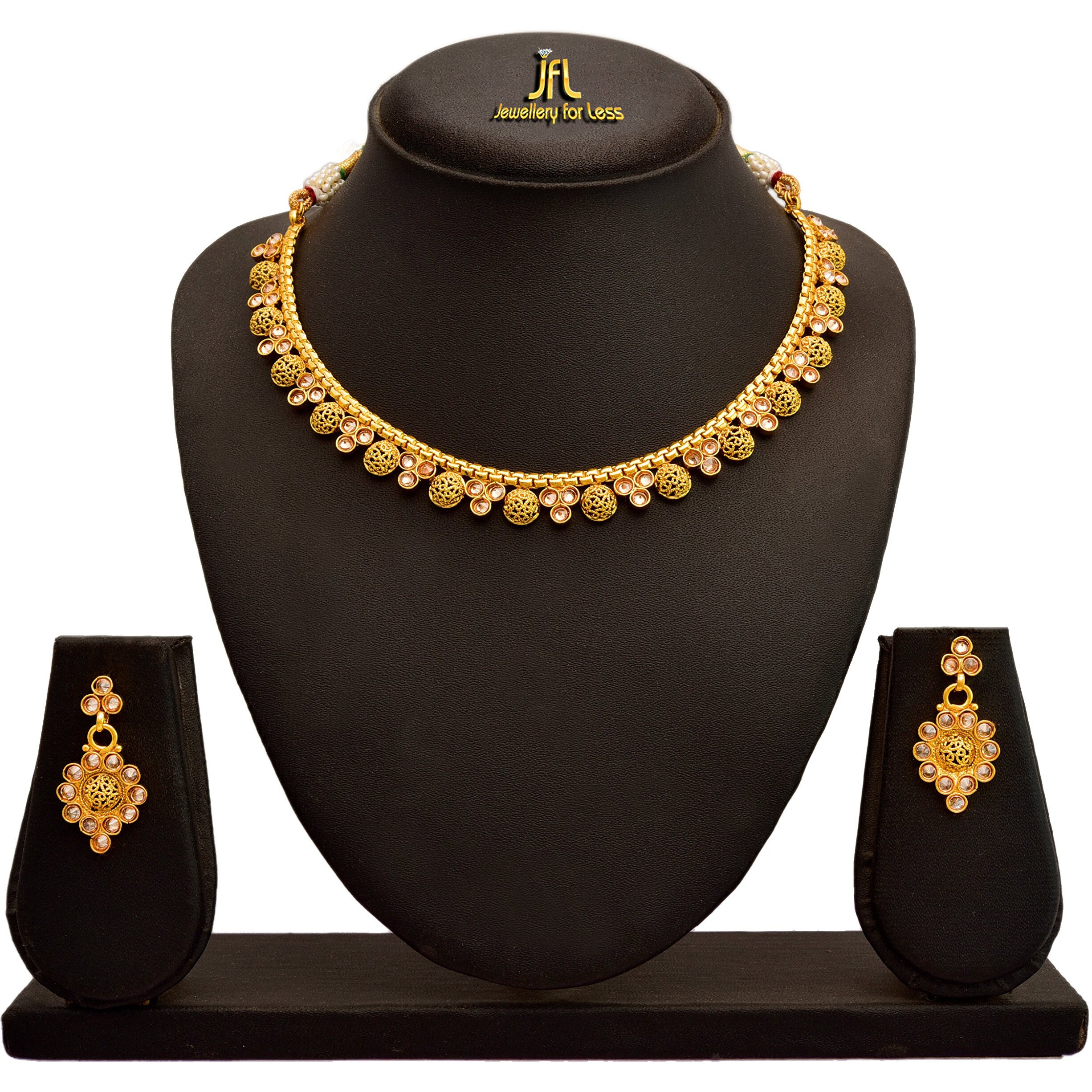 JFL - Jewellery for Less Traditional Ethnic One Gram Gold Plated Polki Diamond Designer Necklace Set with Earrings for Women & Girls.,Valentine