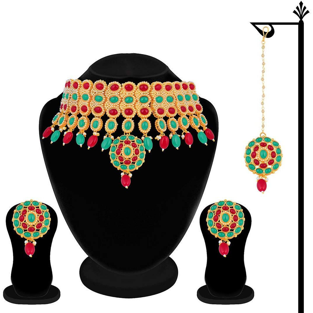 I Jewels Traditional Deepika Style Gold Plated Multicolour Bridal Pearl Choker Necklace Set with Maang Tikka for Women