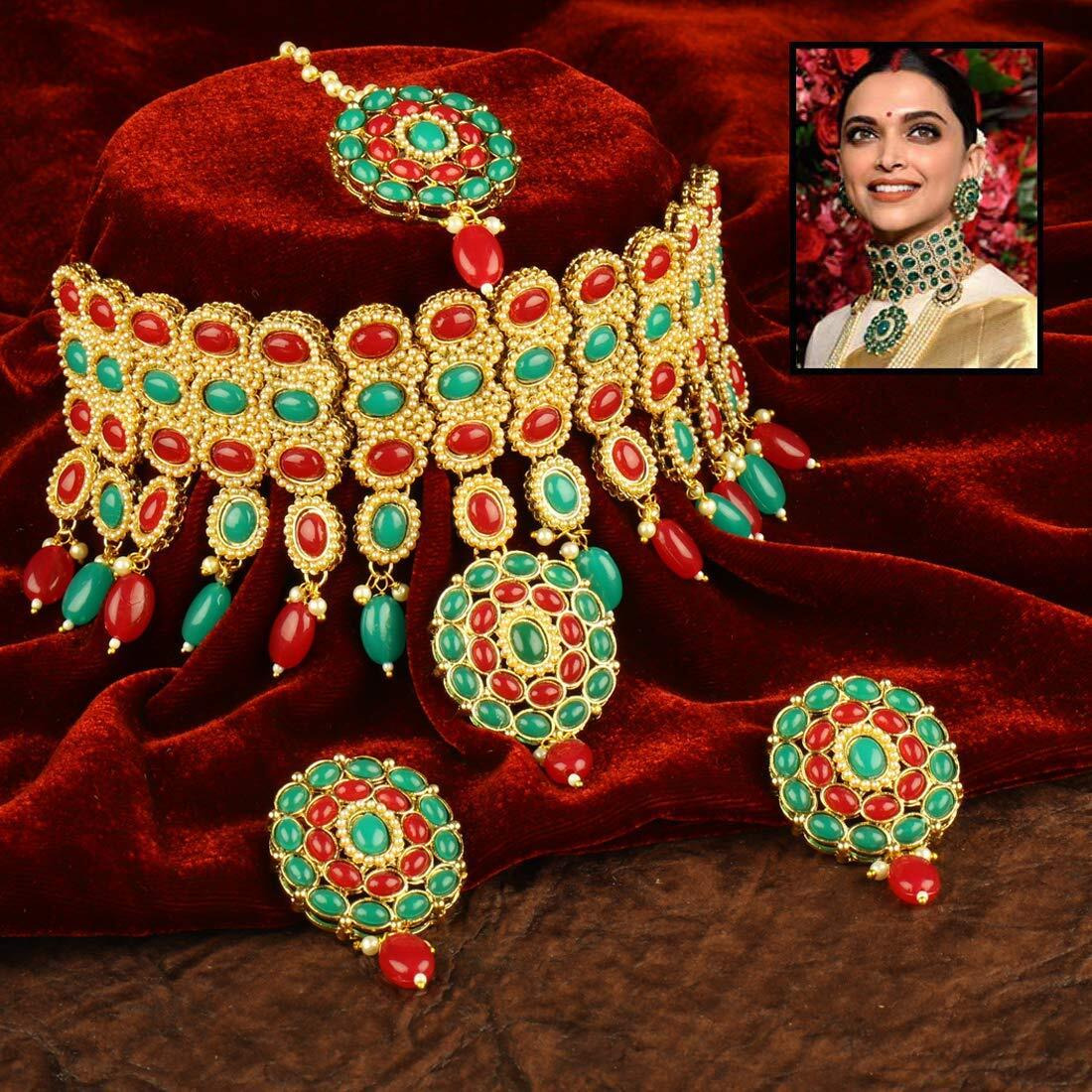 I Jewels Traditional Deepika Style Gold Plated Multicolour Bridal Pearl Choker Necklace Set with Maang Tikka for Women