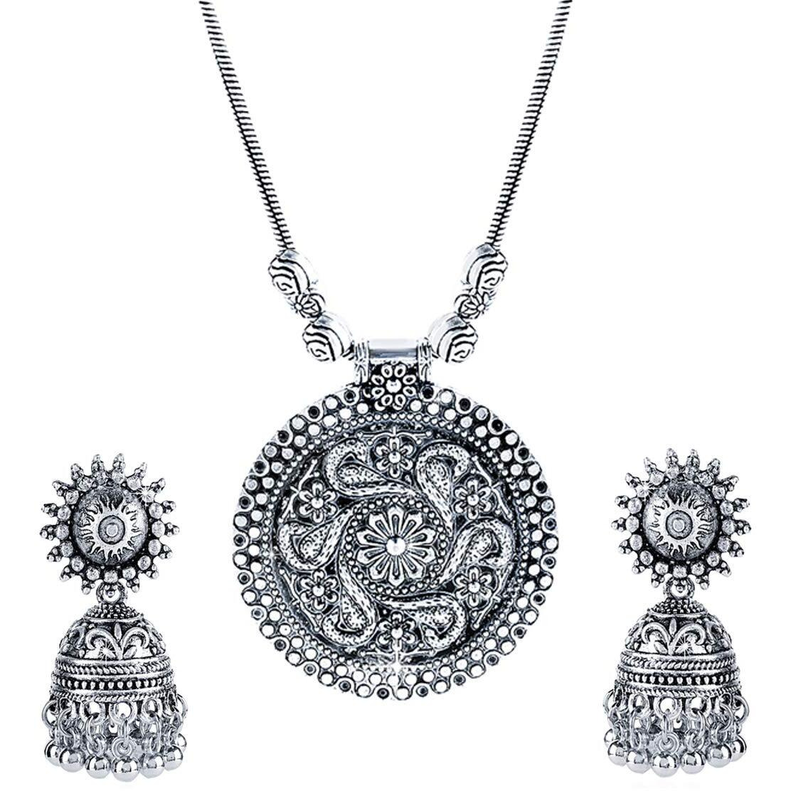 Yellow Chimes Stylish Floral Crafted Theme Silver Oxidized Necklace Set with Earrings Oxidized Jewellery Sets for Women and Girls
