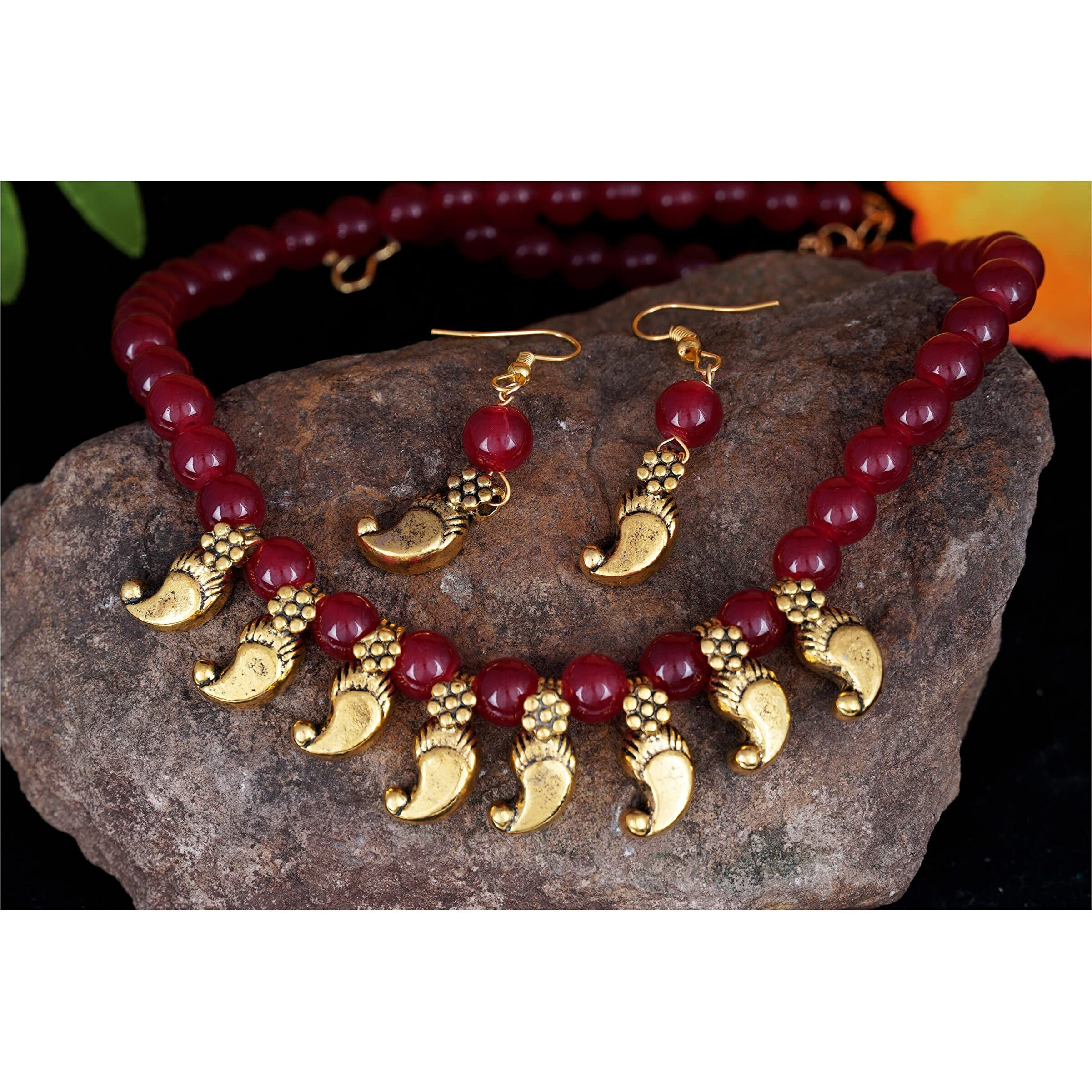 JFL - Jewellery for Less Gold Plated Kaerie Maroon Onyx Stone Necklace Set for Women and Girls,Valentine